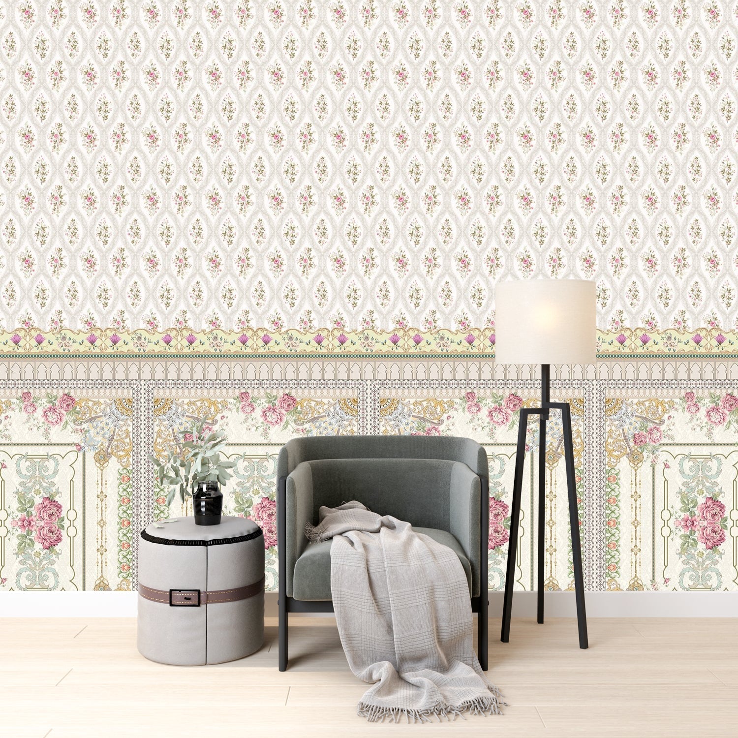 Delicate Victorian floral print with ornate border trim featuring pink roses and scrollwork - final hobby-room