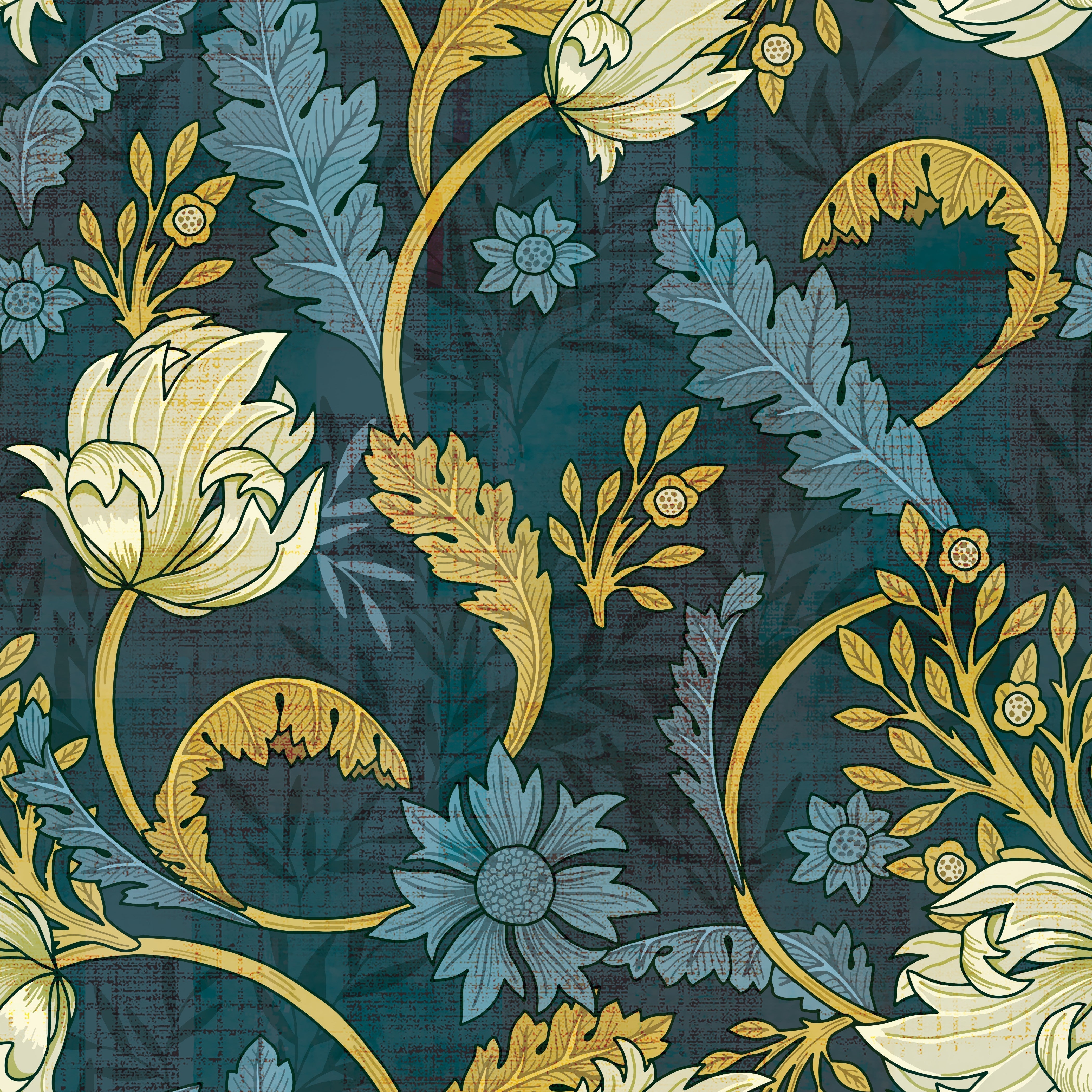 Art nouveau floral design with sage leaves and copper scrollwork on dark emerald background - view 11 - repeat-original - final