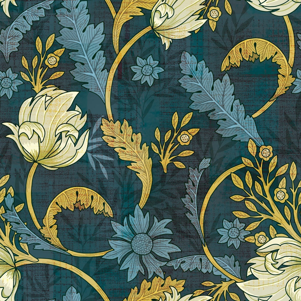 Art nouveau floral design with sage leaves and copper scrollwork on dark emerald background - view 12 - repeat-small - final