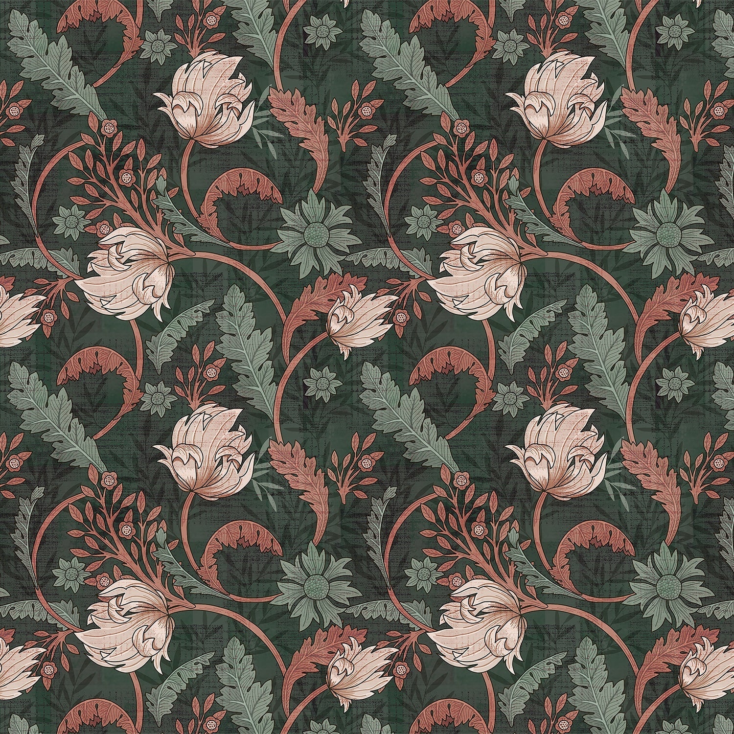 Art nouveau floral design with sage leaves and copper scrollwork on dark emerald background - view 2 - final