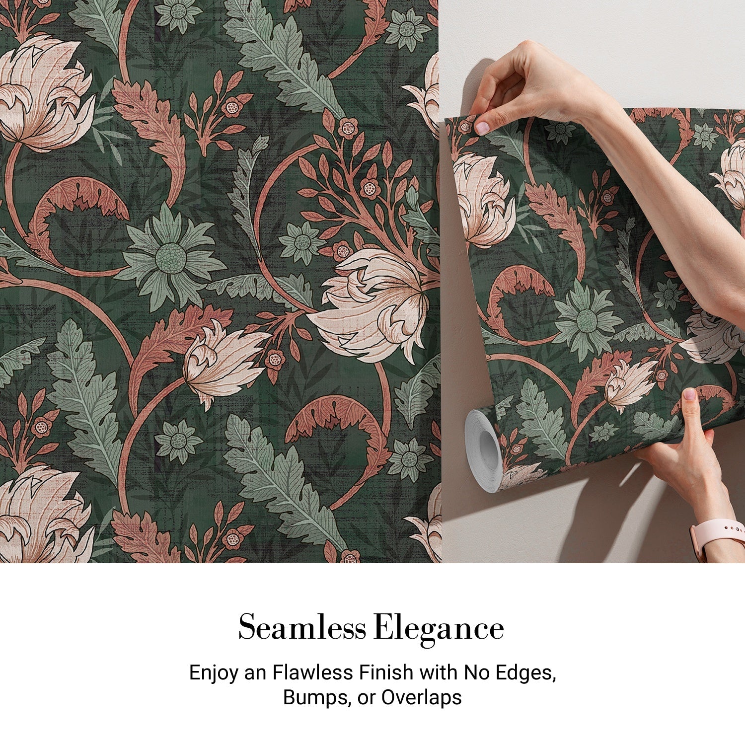 Art nouveau floral design with sage leaves and copper scrollwork on dark emerald background - view 3 - final