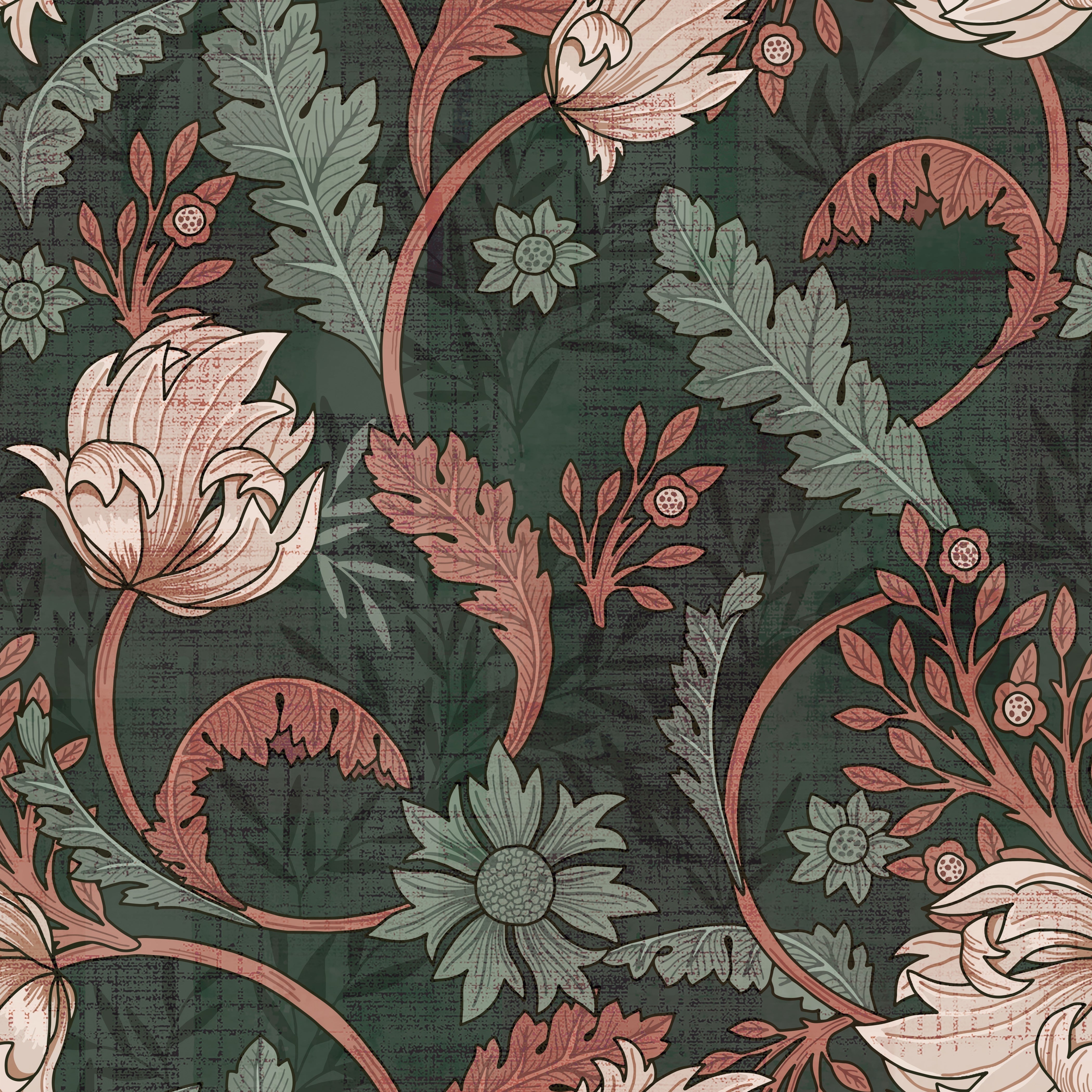 Art nouveau floral design with sage leaves and copper scrollwork on dark emerald background - view 6 - repeat-original - final