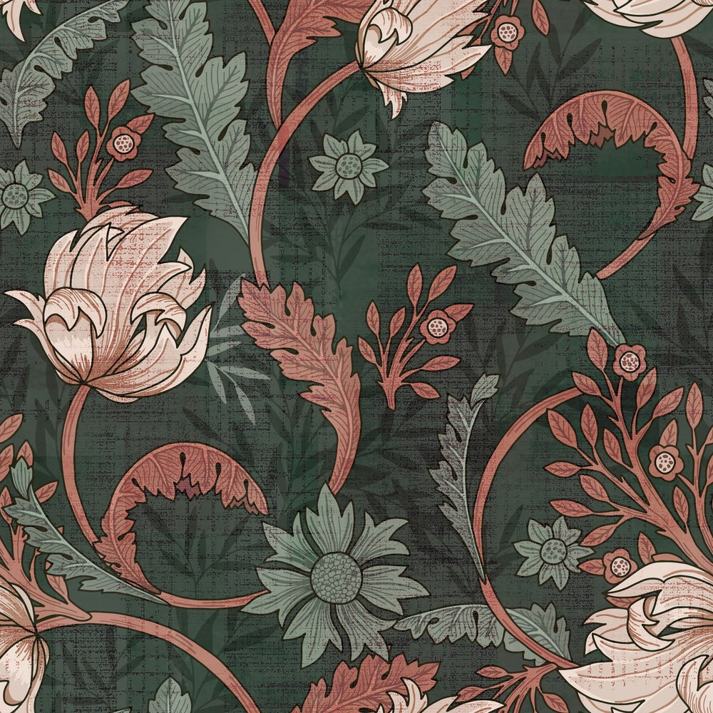 Art nouveau floral design with sage leaves and copper scrollwork on dark emerald background - view 7 - repeat-small - final