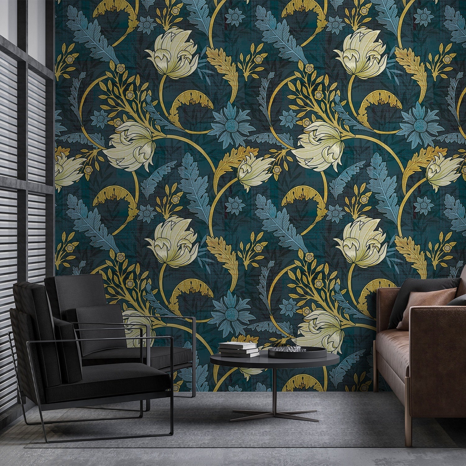 Art nouveau floral design with sage leaves and copper scrollwork on dark emerald background - view 8 - final