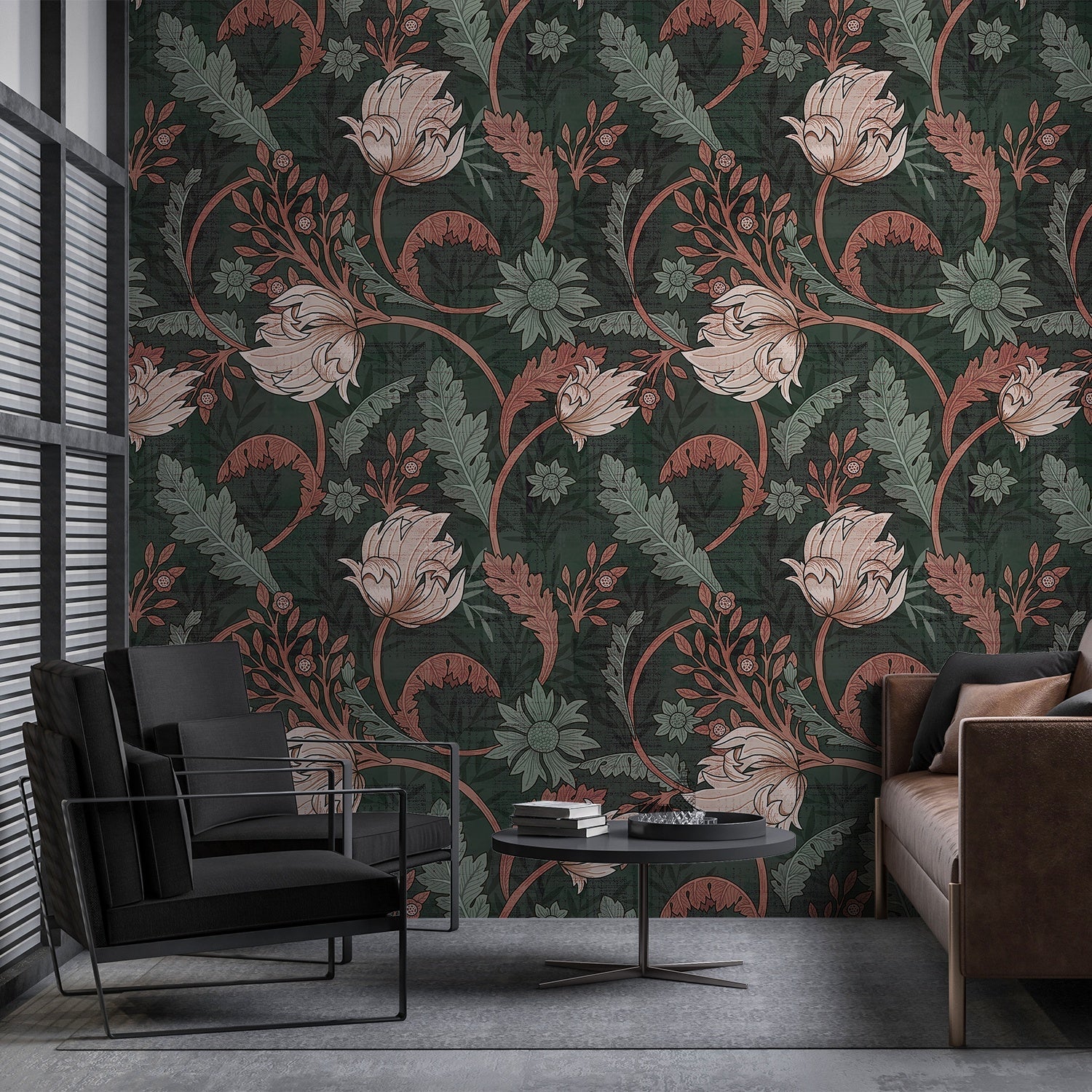 Art nouveau floral design with sage leaves and copper scrollwork on dark emerald background - final living-room