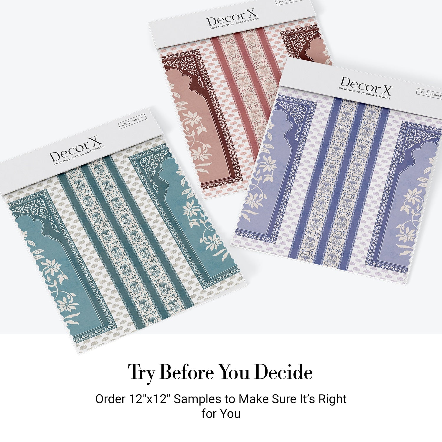 Three decorative wallpaper samples featuring classic stripes and floral borders in teal blue pink - view 19 - final all-groups samples