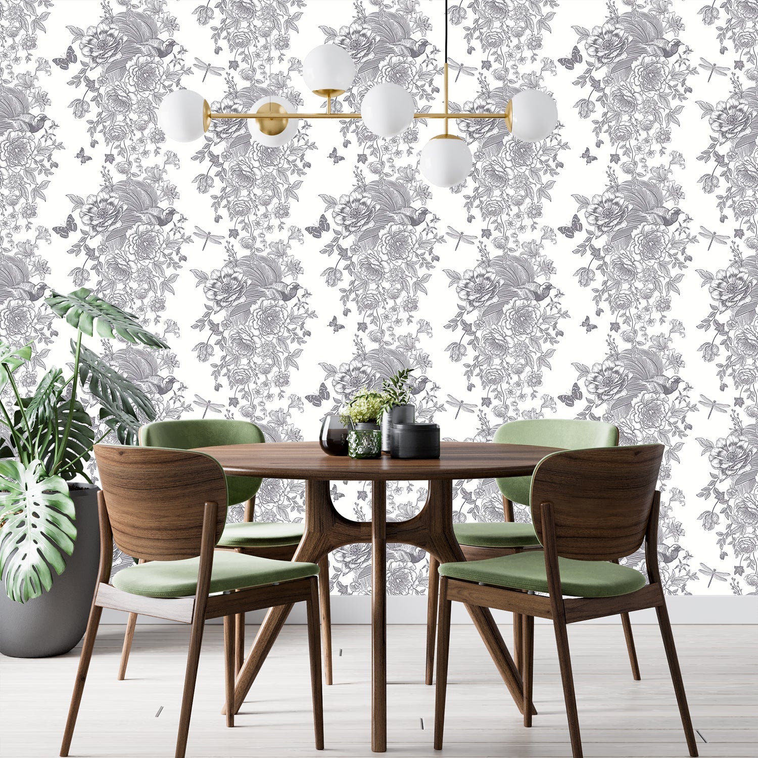 Monochromatic grey and white vintage roses repeating on dusky purple background with elegant flourishes - view 10 - final