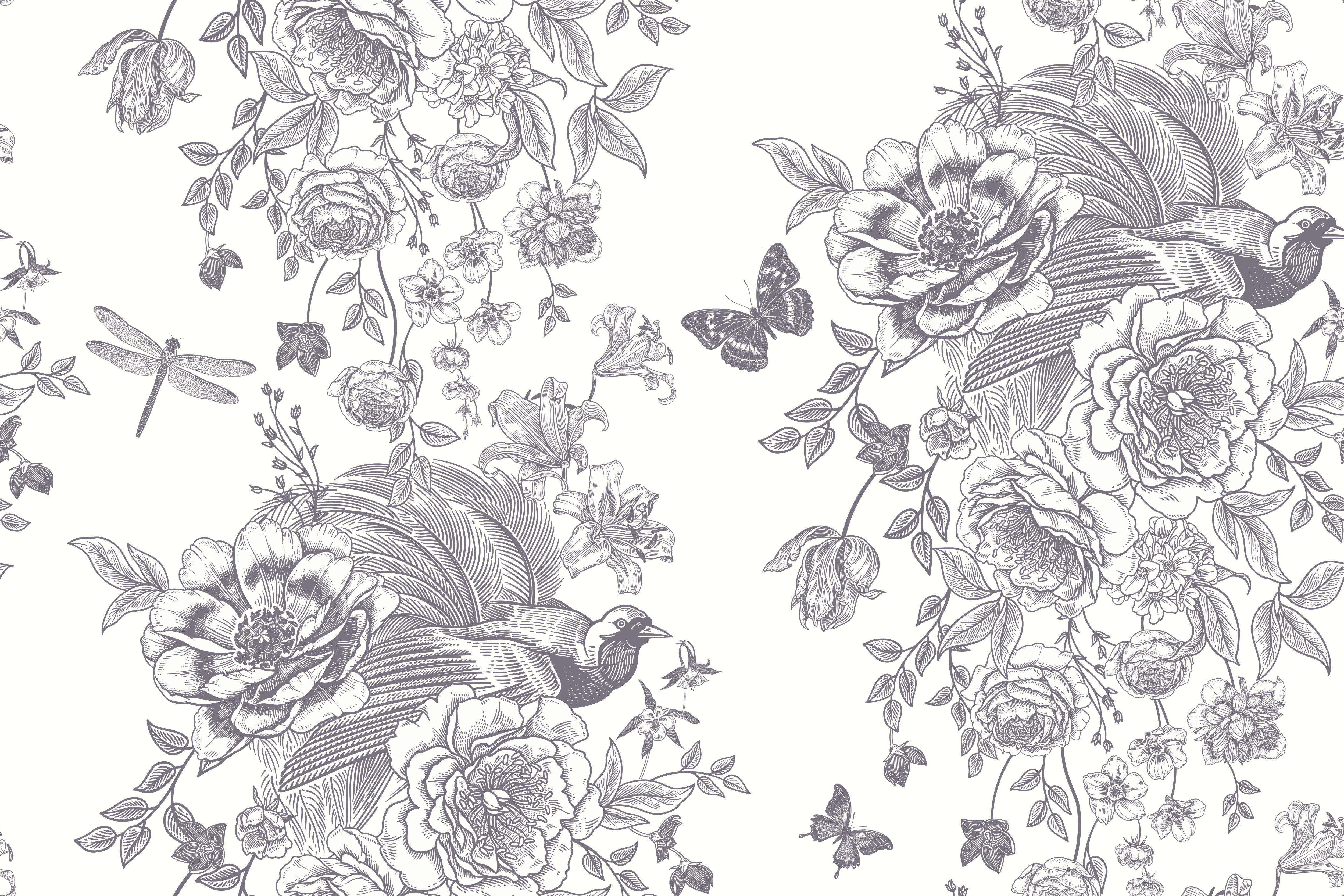 Monochromatic grey and white vintage roses repeating on dusky purple background with elegant flourishes - view 16 - repeat-original - final