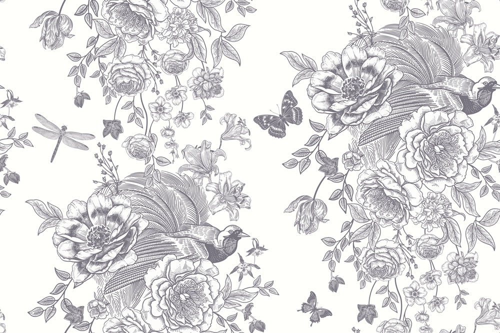 Monochromatic grey and white vintage roses repeating on dusky purple background with elegant flourishes - view 18 - repeat-small - final