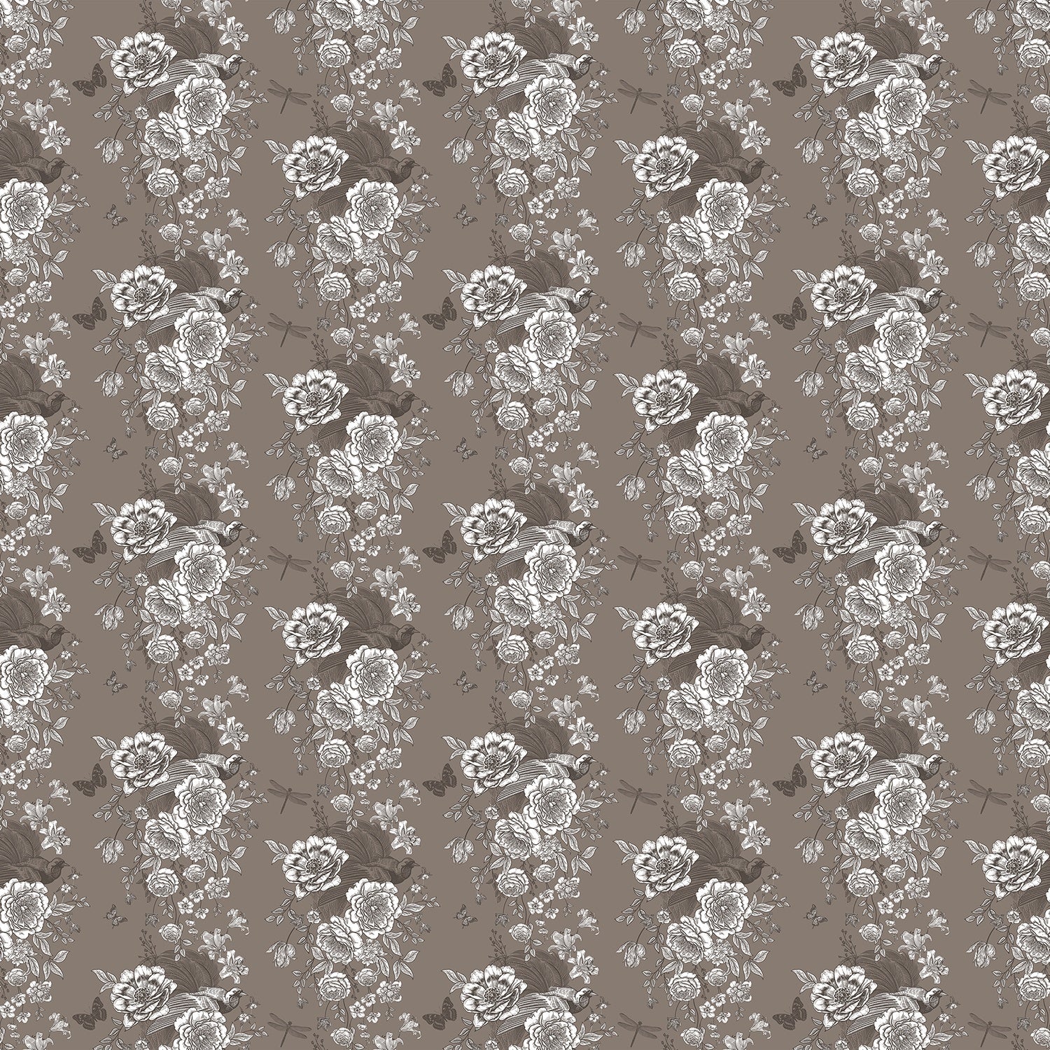 Monochromatic grey and white vintage roses repeating on dusky purple background with elegant flourishes - view 19 - final