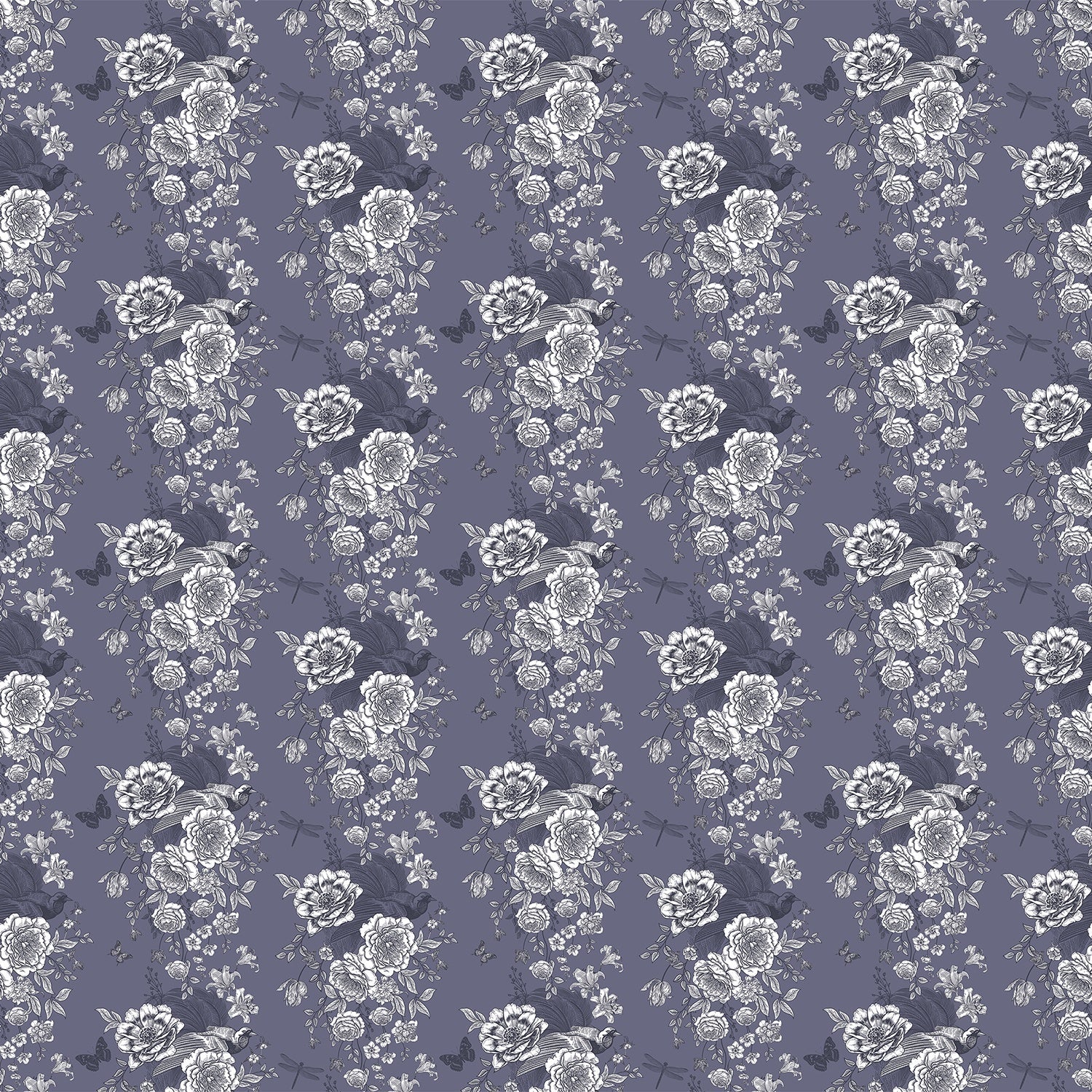Monochromatic grey and white vintage roses repeating on dusky purple background with elegant flourishes - view 2 - final