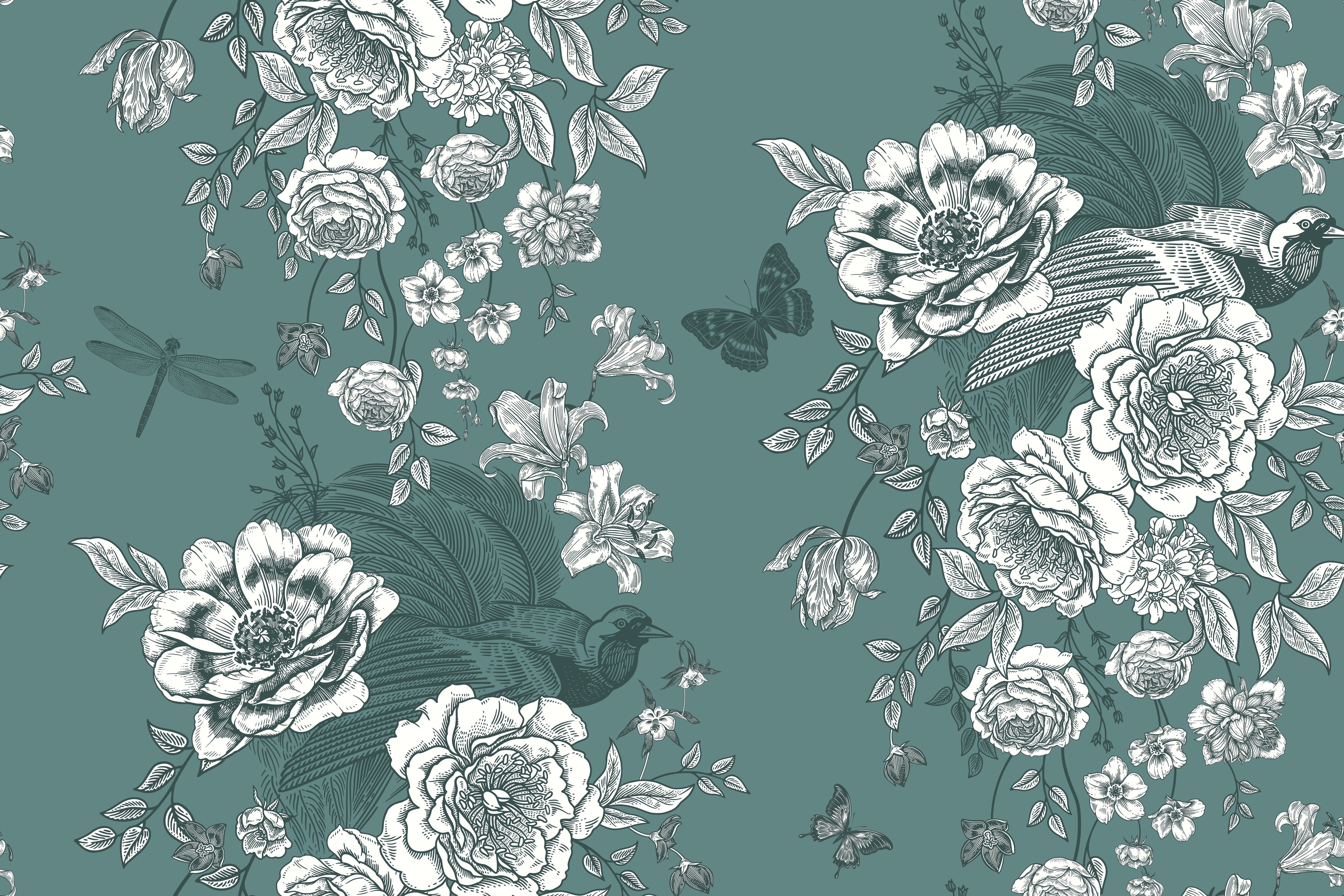 Monochromatic grey and white vintage roses repeating on dusky purple background with elegant flourishes - view 27 - repeat-original - final