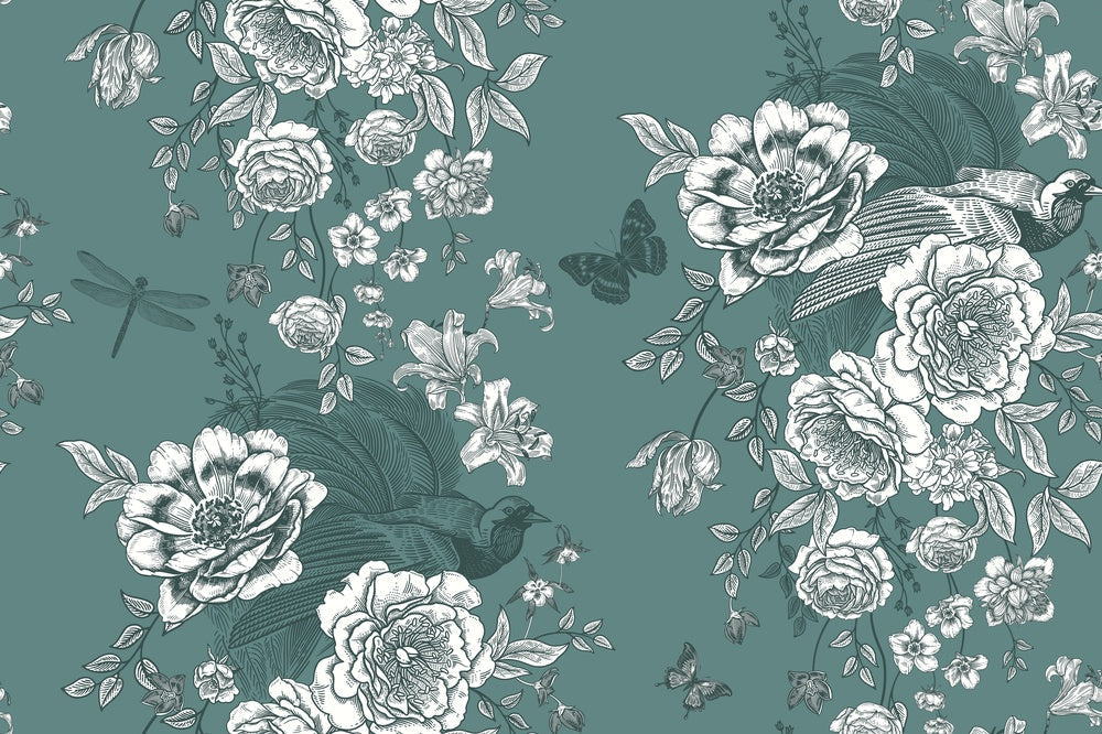 Monochromatic grey and white vintage roses repeating on dusky purple background with elegant flourishes - view 28 - repeat-small - final