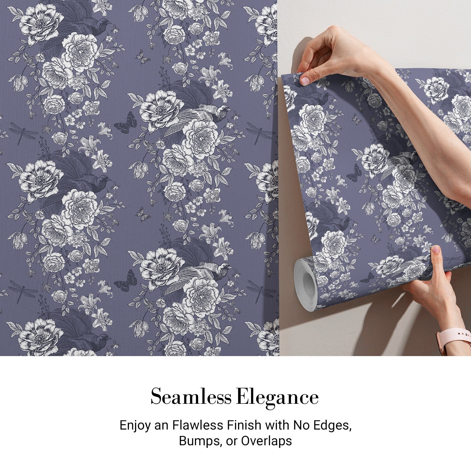 Monochromatic grey and white vintage roses repeating on dusky purple background with elegant flourishes - view 4 - final