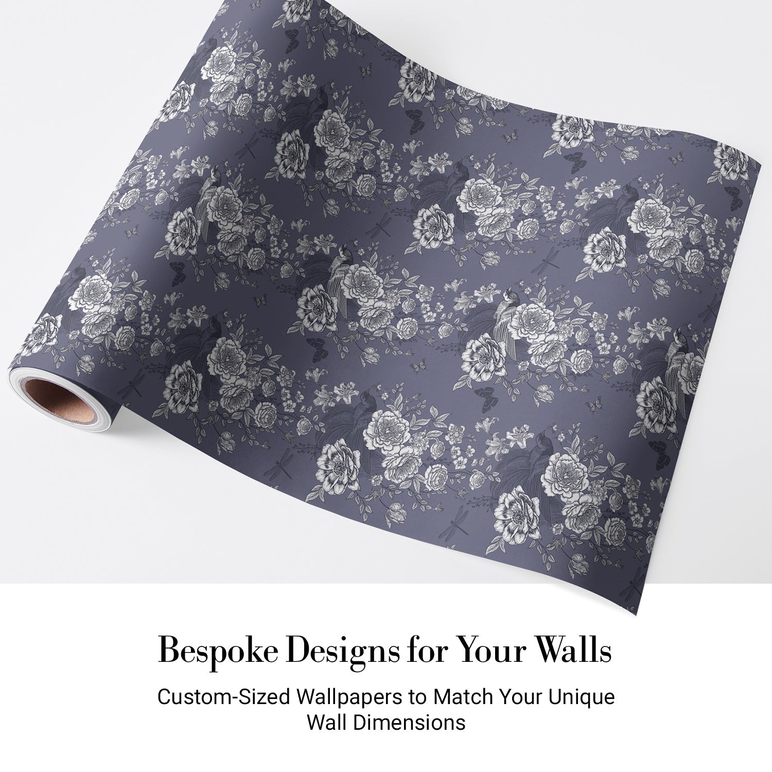 Monochromatic grey and white vintage roses repeating on dusky purple background with elegant flourishes - view 5 - final