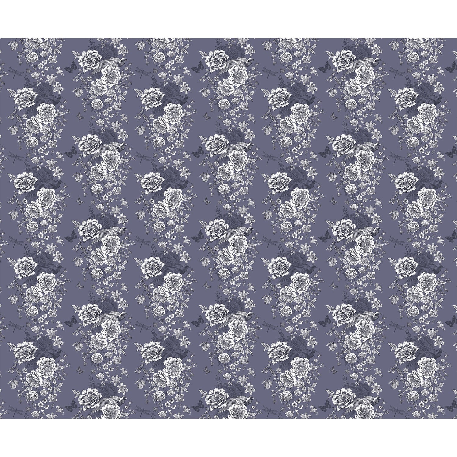 Monochromatic grey and white vintage roses repeating on dusky purple background with elegant flourishes - view 6 - repeat-full-square - final