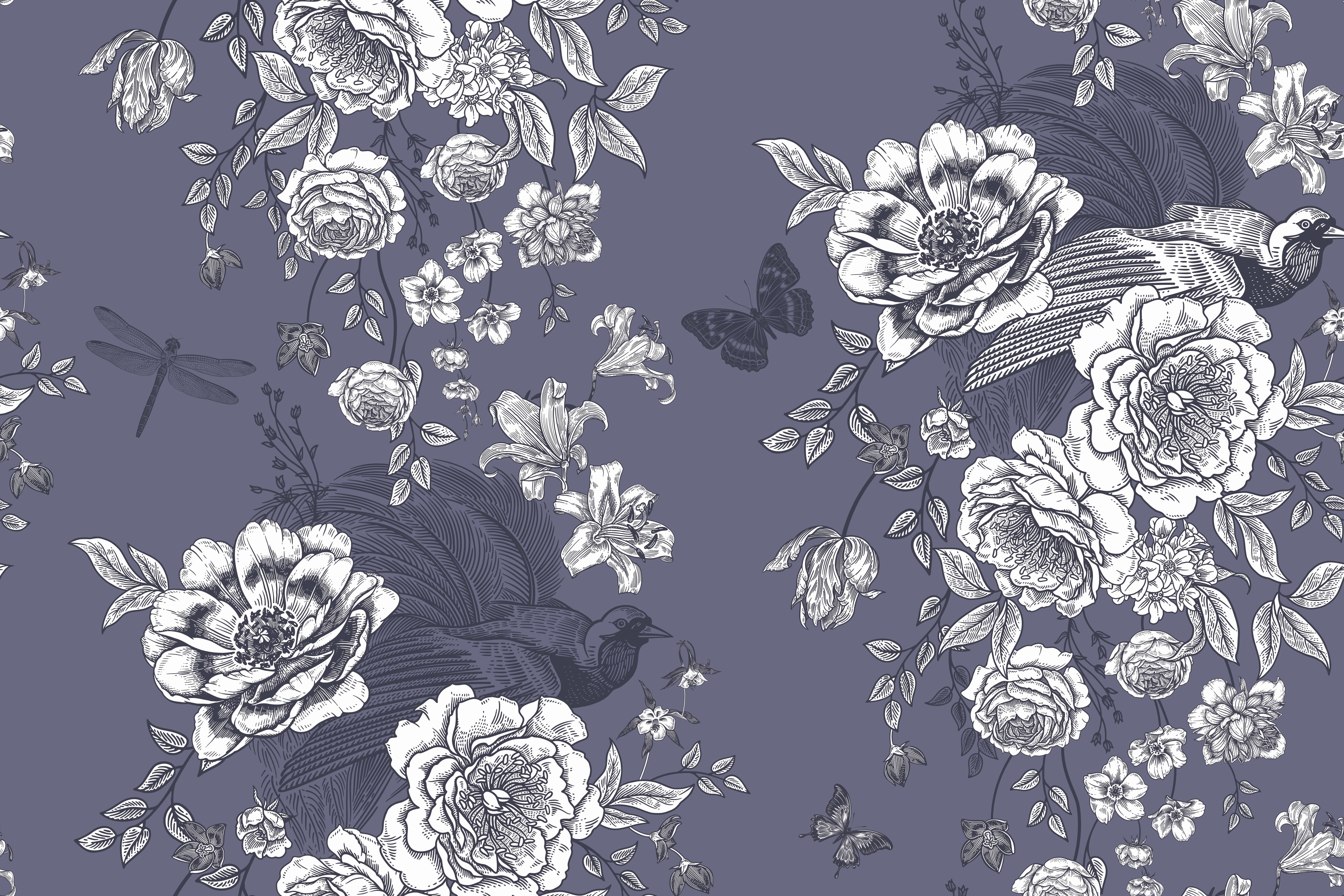 Monochromatic grey and white vintage roses repeating on dusky purple background with elegant flourishes - view 8 - repeat-original - final
