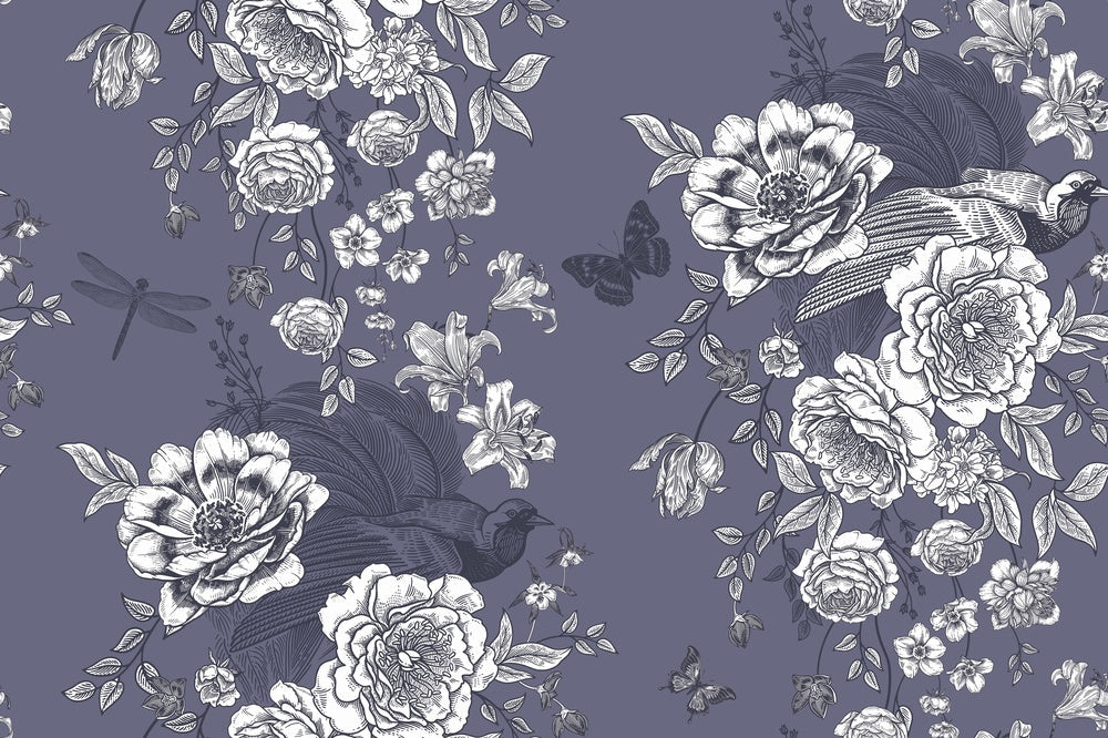 Monochromatic grey and white vintage roses repeating on dusky purple background with elegant flourishes - view 9 - repeat-small - final