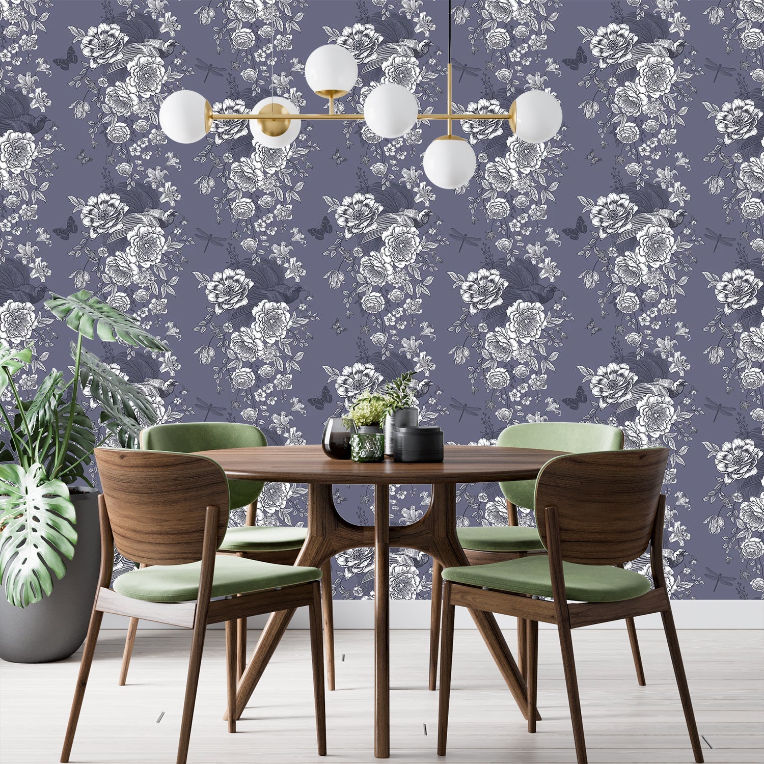 Monochromatic grey and white vintage roses repeating on dusky purple background with elegant flourishes - final dining-room