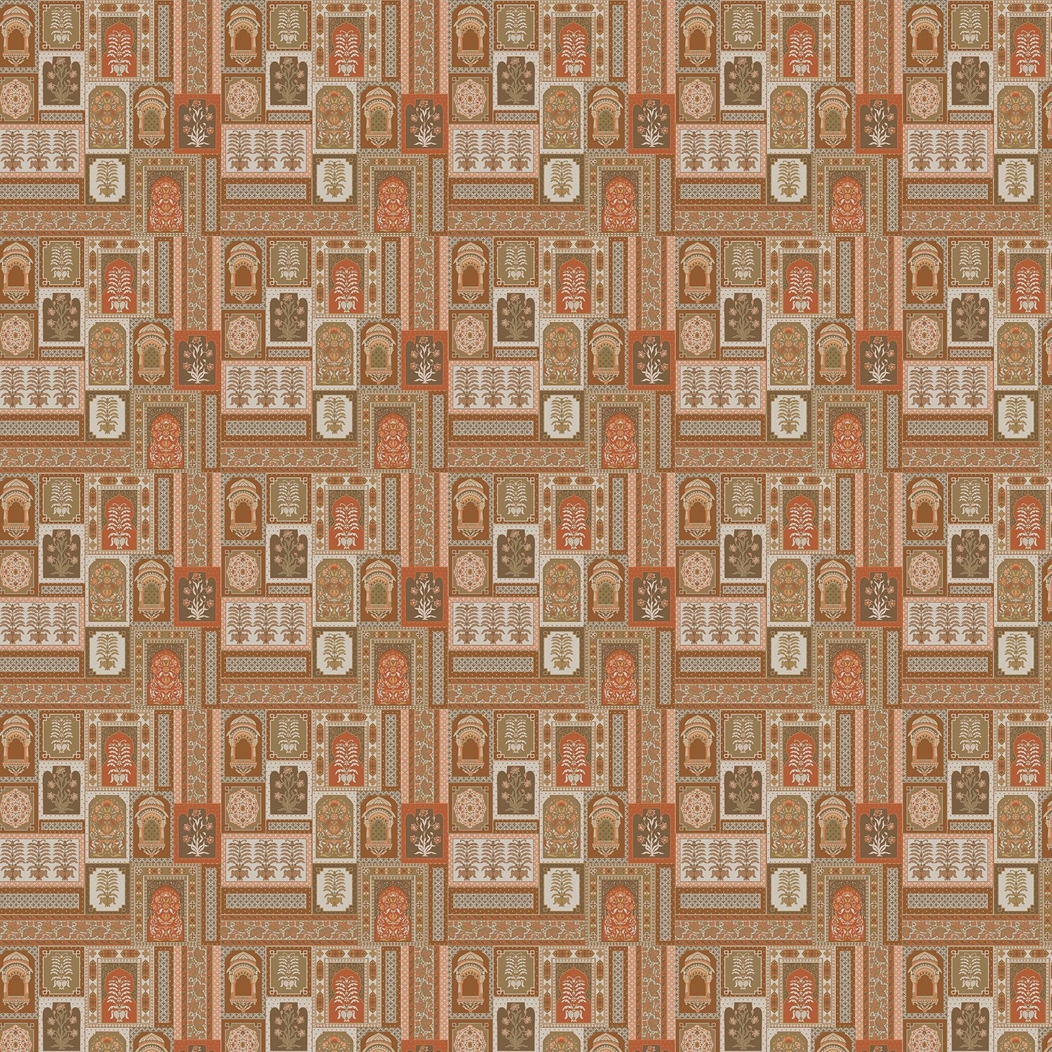 Traditional Indian archways and geometric frames in terracotta and brown repeating heritage motifs - view 2 - final