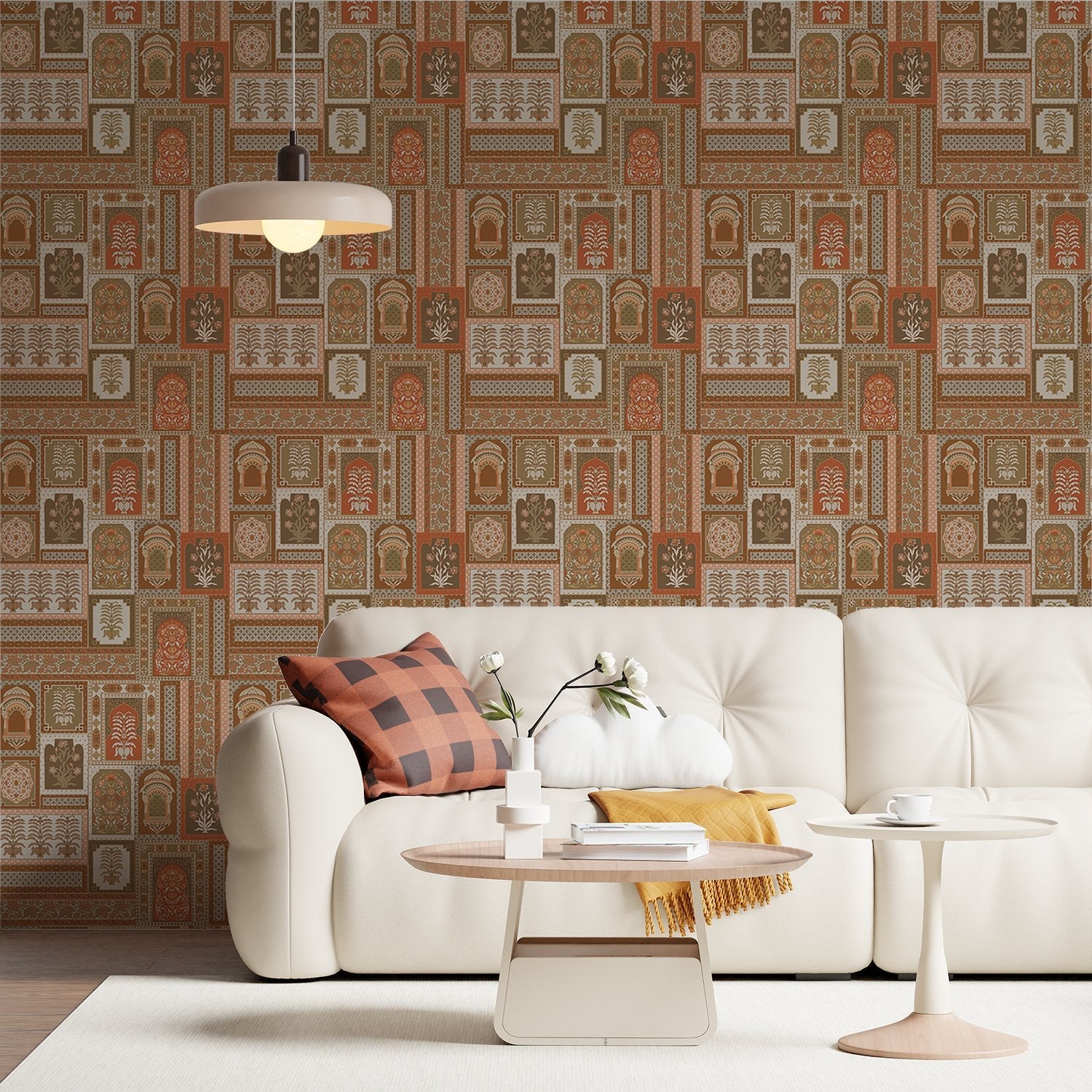 Traditional Indian archways and geometric frames in terracotta and brown repeating heritage motifs - final living-room