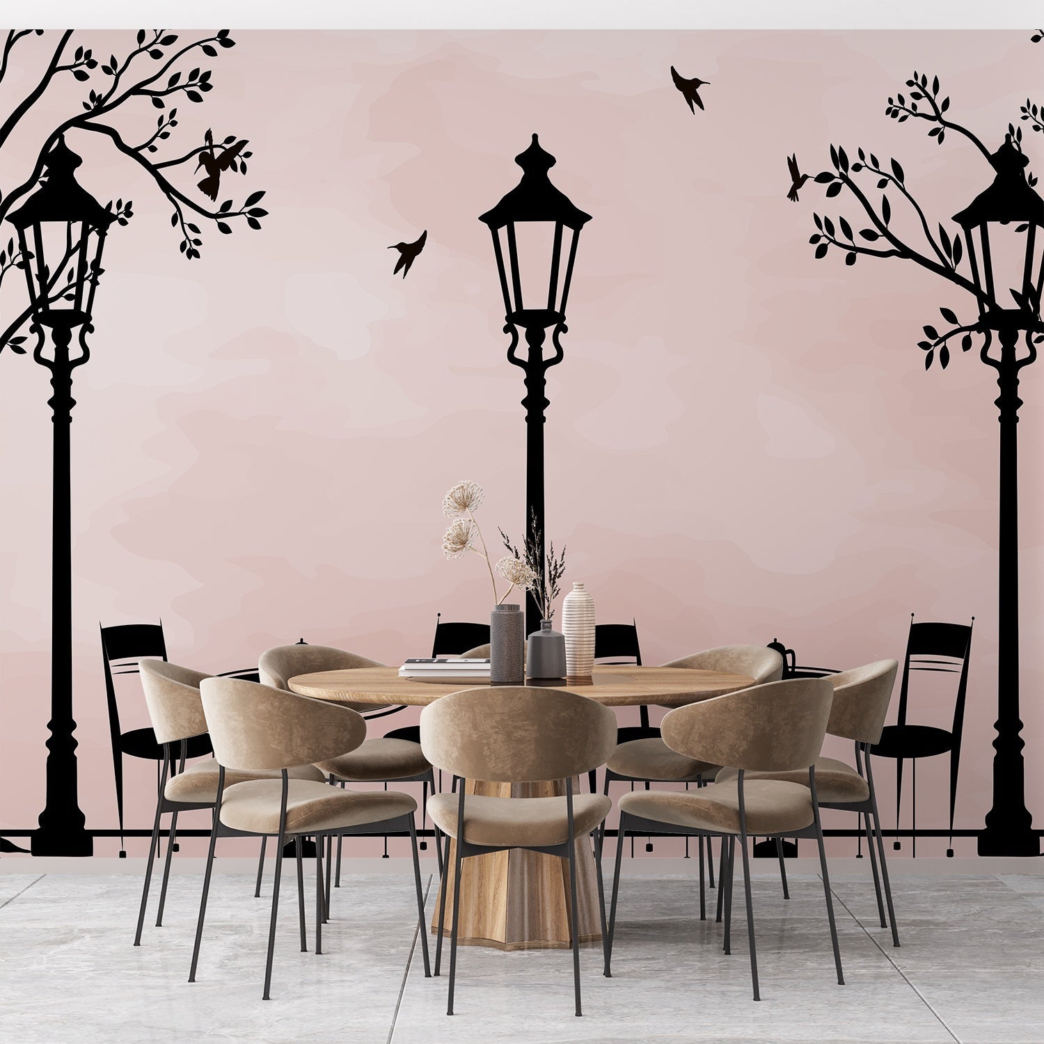 Black silhouette street lamps with tree branches create elegant cafe atmosphere on beige background - view 11 - final