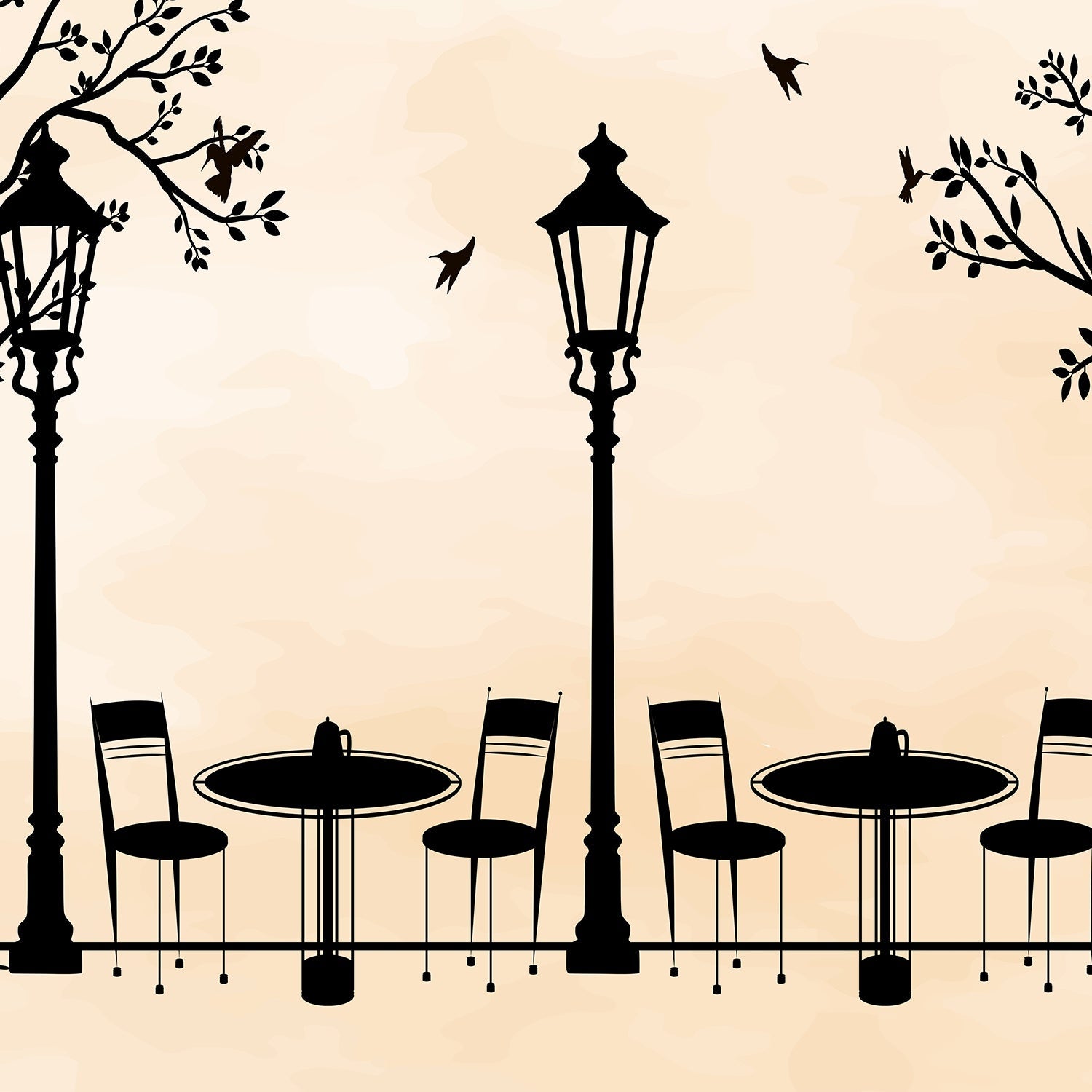 Black silhouette street lamps with tree branches create elegant cafe atmosphere on beige background - view 2 - final