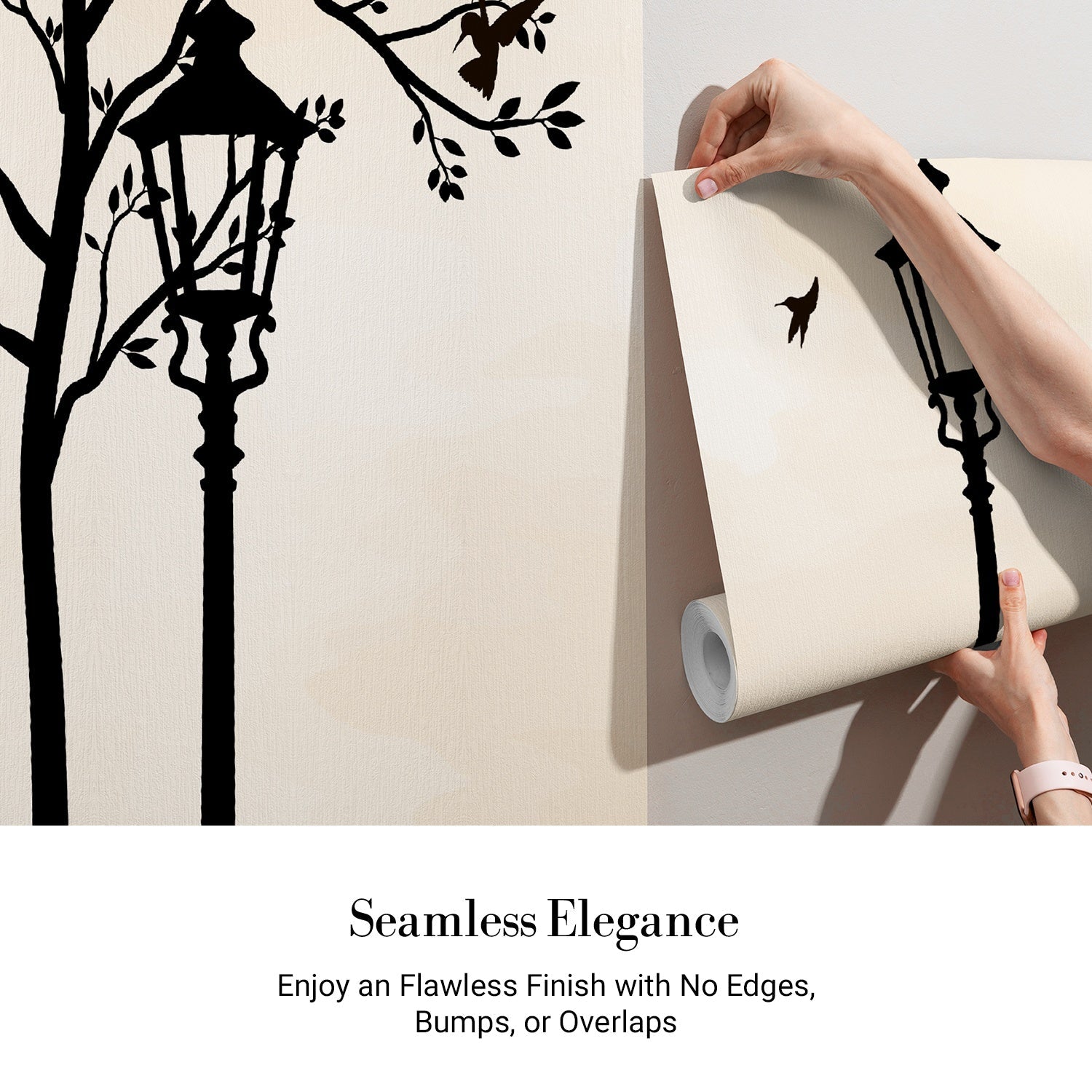 Black silhouette street lamps with tree branches create elegant cafe atmosphere on beige background - view 3 - final