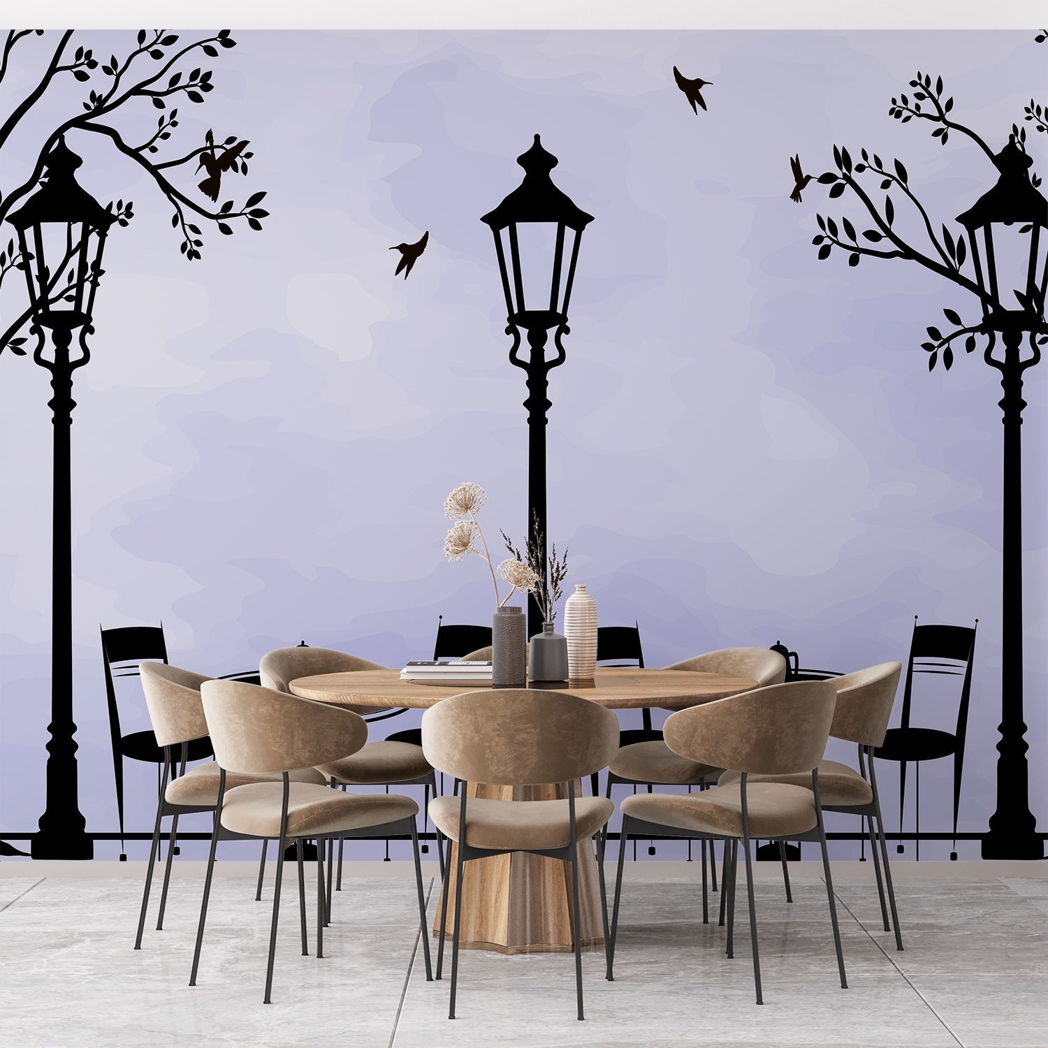 Black silhouette street lamps with tree branches create elegant cafe atmosphere on beige background - view 7 - final