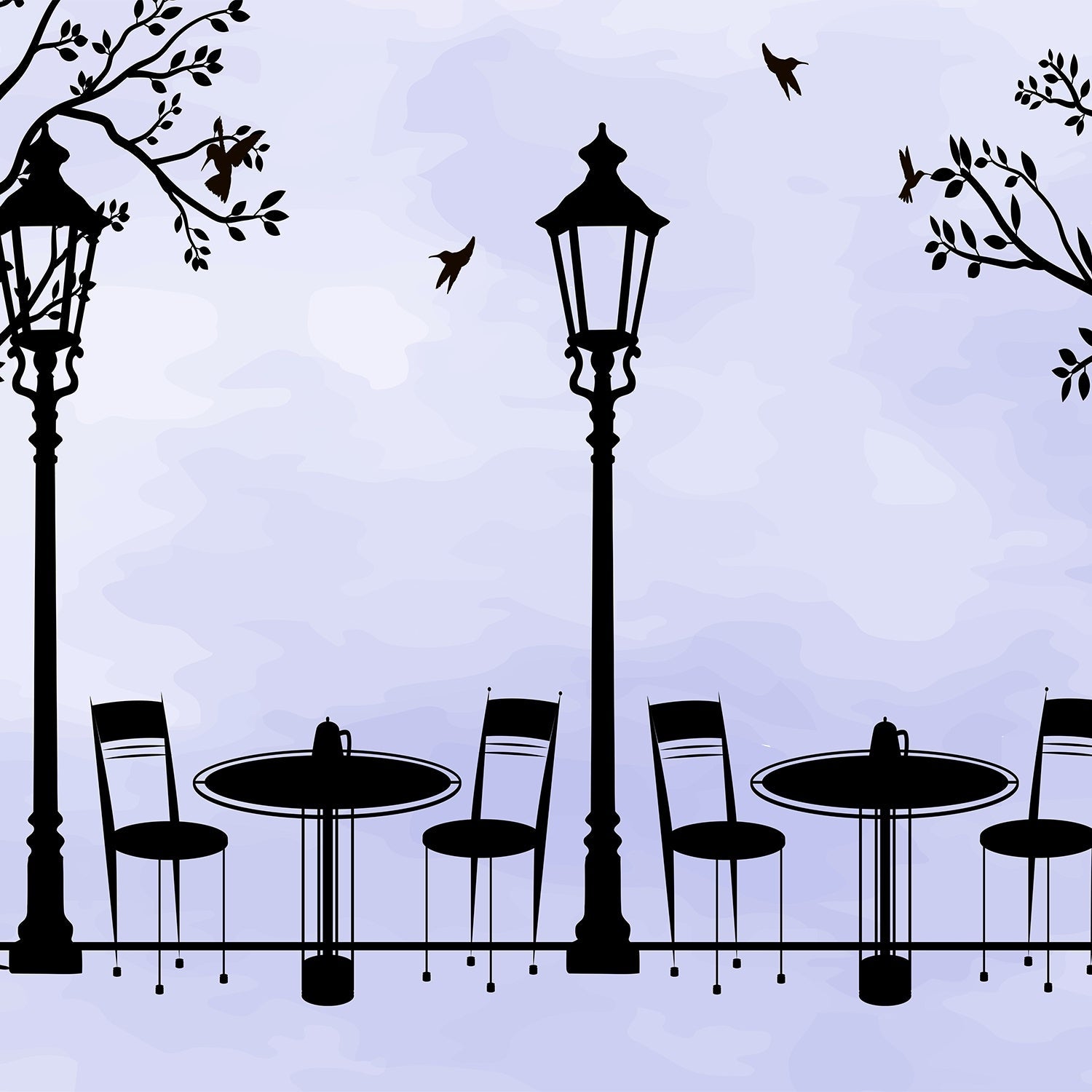 Black silhouette street lamps with tree branches create elegant cafe atmosphere on beige background - view 8 - final