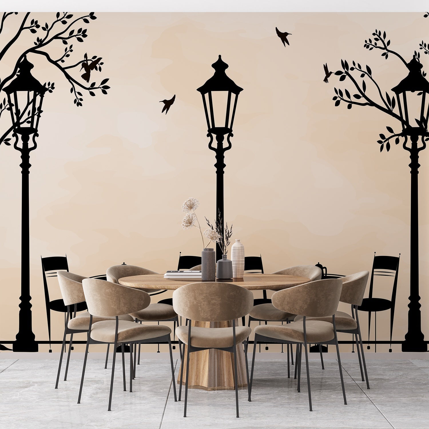 Black silhouette street lamps with tree branches create elegant cafe atmosphere on beige background - final dining-room