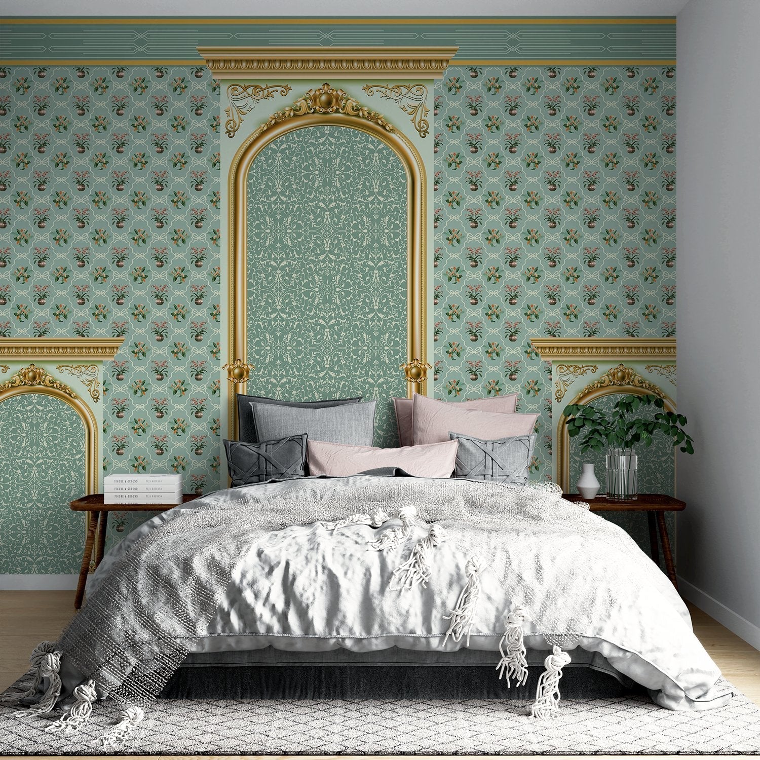 Ornate Victorian bedroom wall with mint green damask pattern and gilded architectural arches - final bed-room