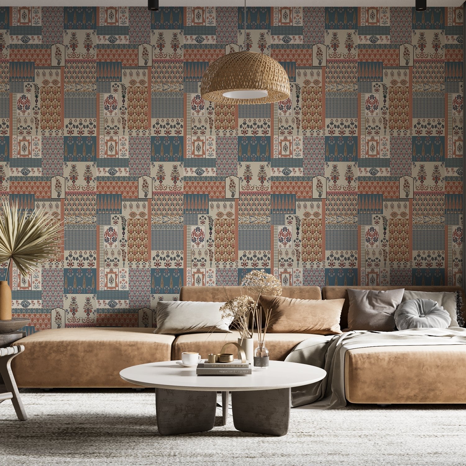 Geometric brown and terracotta patchwork with traditional Middle Eastern motifs in retro style - view 13 - final