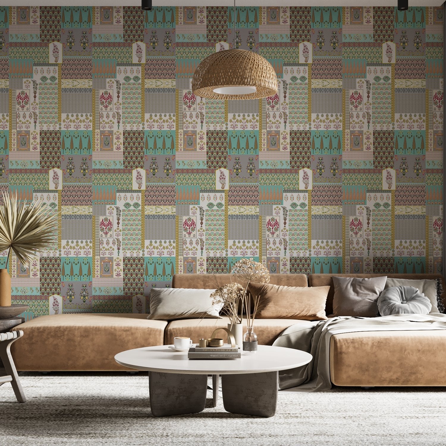 Geometric brown and terracotta patchwork with traditional Middle Eastern motifs in retro style - view 18 - final