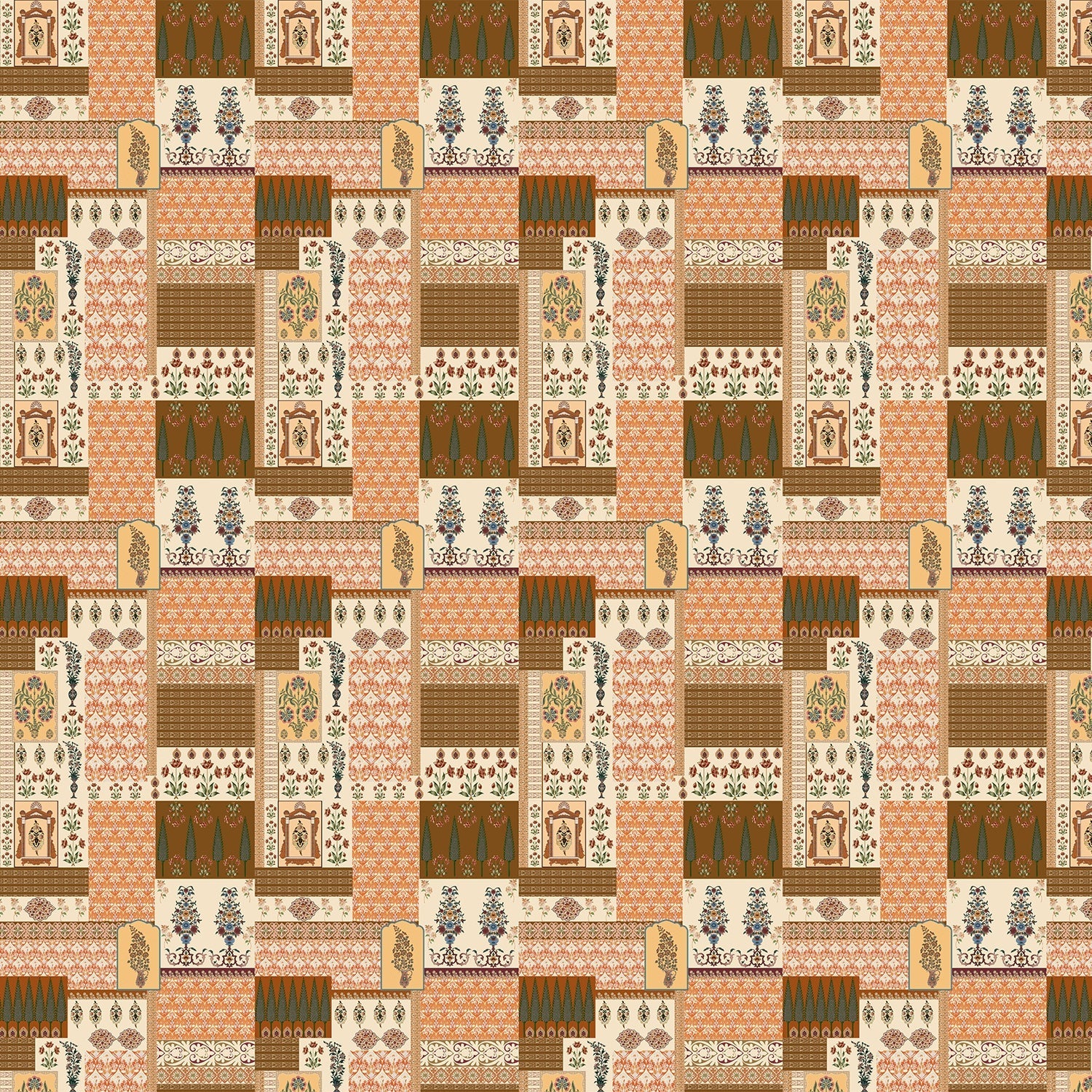 Geometric brown and terracotta patchwork with traditional Middle Eastern motifs in retro style - view 2 - final