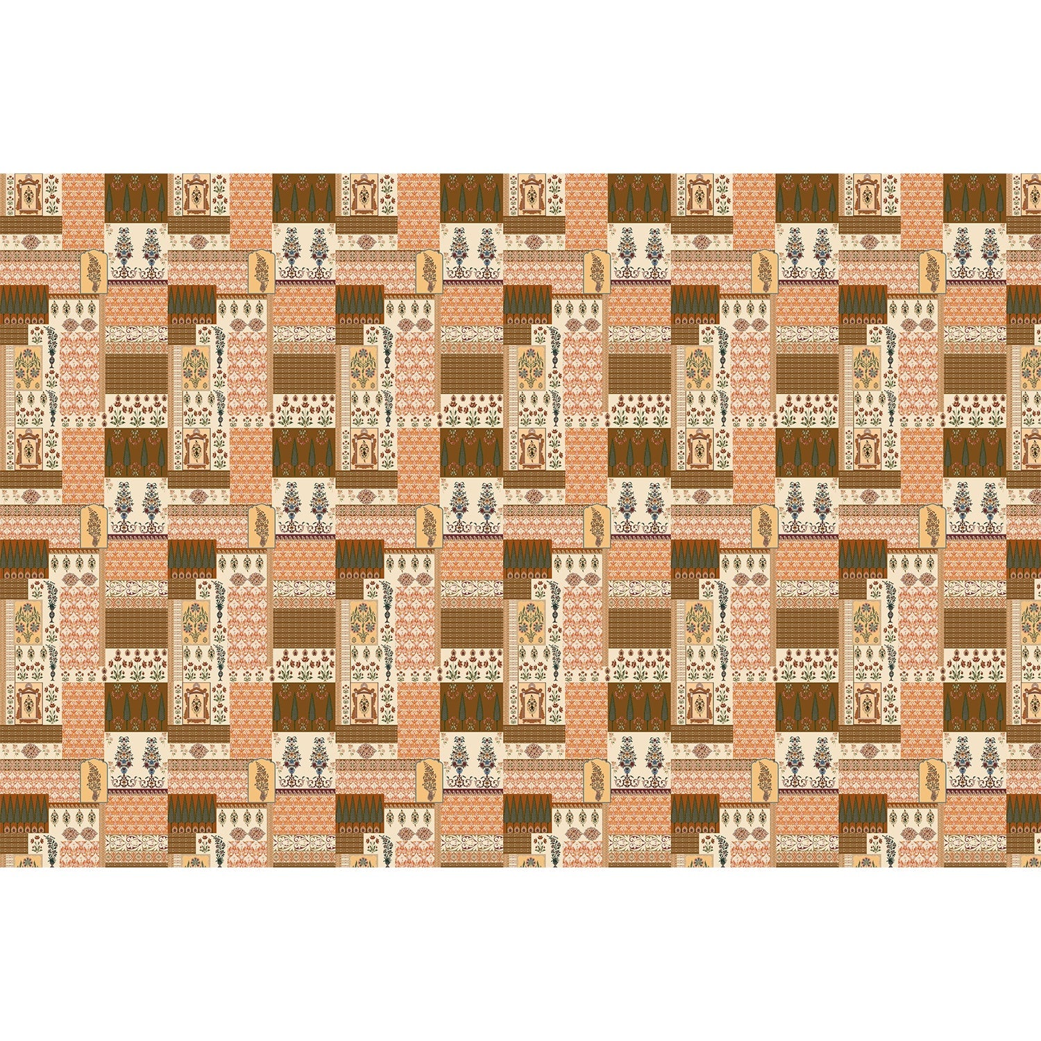 Geometric brown and terracotta patchwork with traditional Middle Eastern motifs in retro style - view 5 - repeat-full-square - final