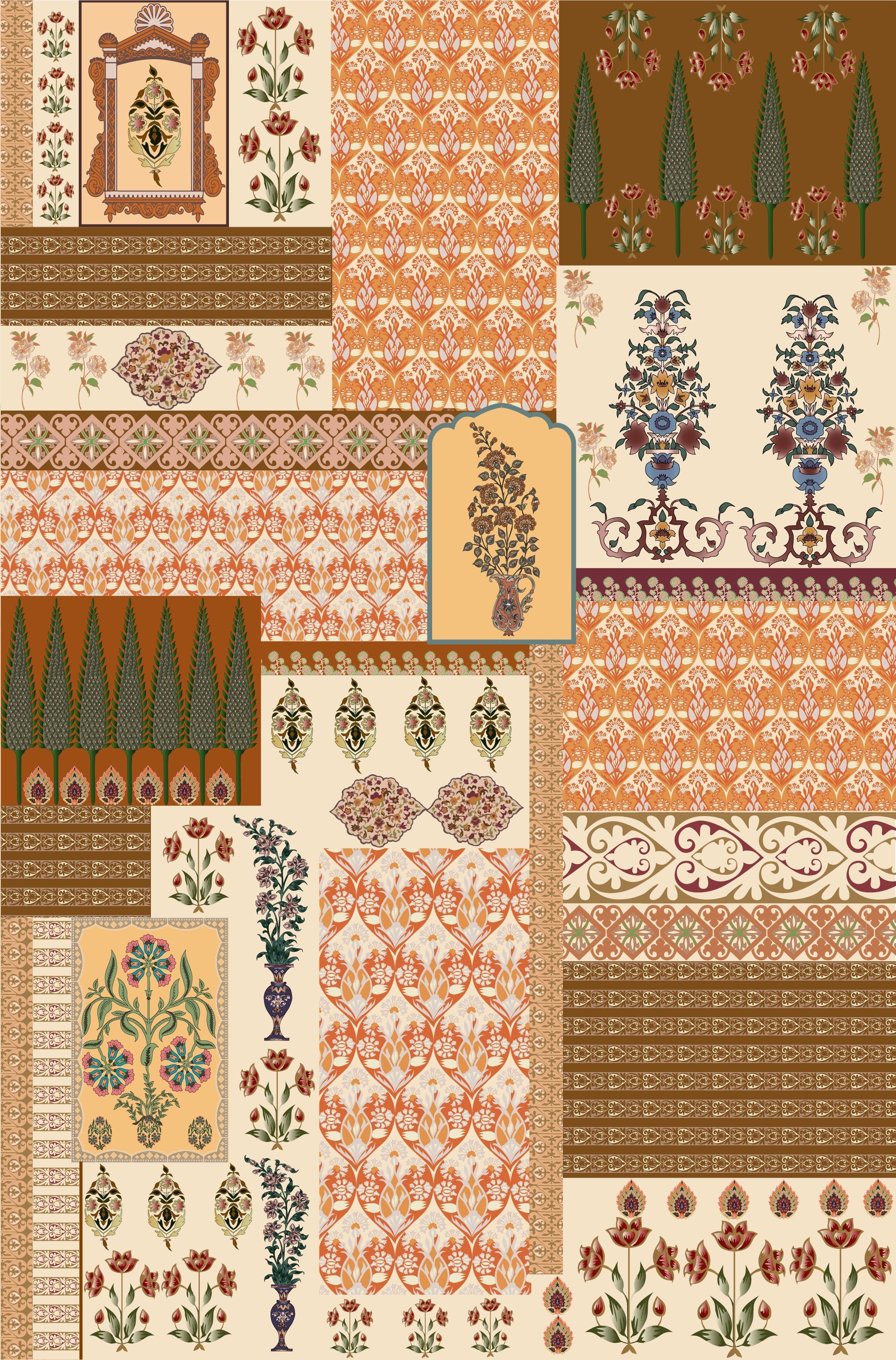 Geometric brown and terracotta patchwork with traditional Middle Eastern motifs in retro style - view 6 - repeat-original - final