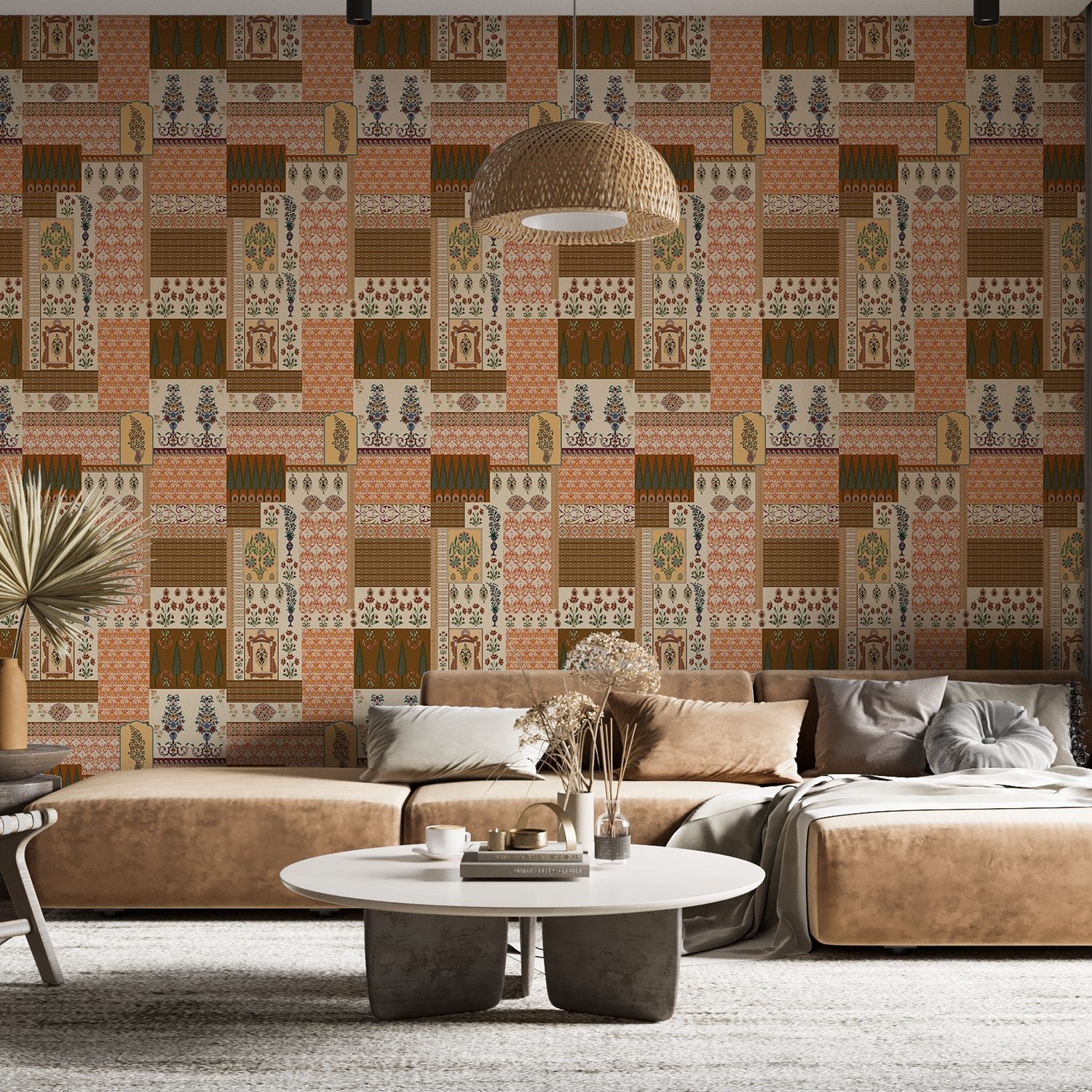 Geometric brown and terracotta patchwork with traditional Middle Eastern motifs in retro style - final living-room