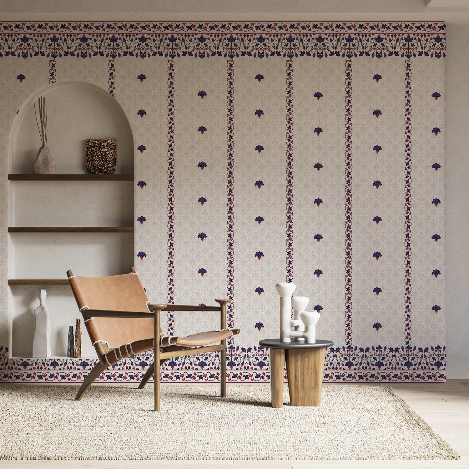 Classic red floral border design with delicate mushroom motifs on white striped background - view 10 - final