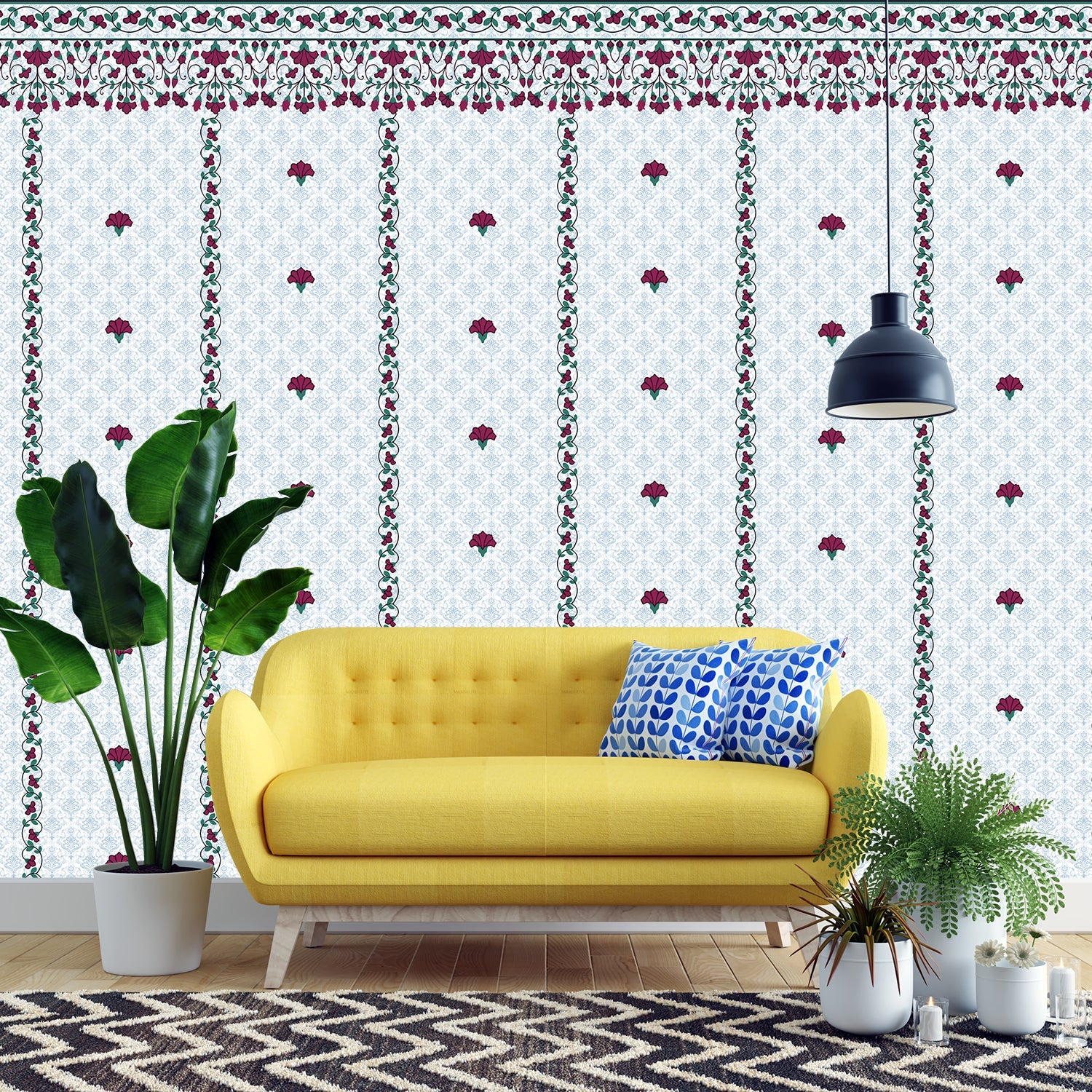 Classic red floral border design with delicate mushroom motifs on white striped background - view 13 - final