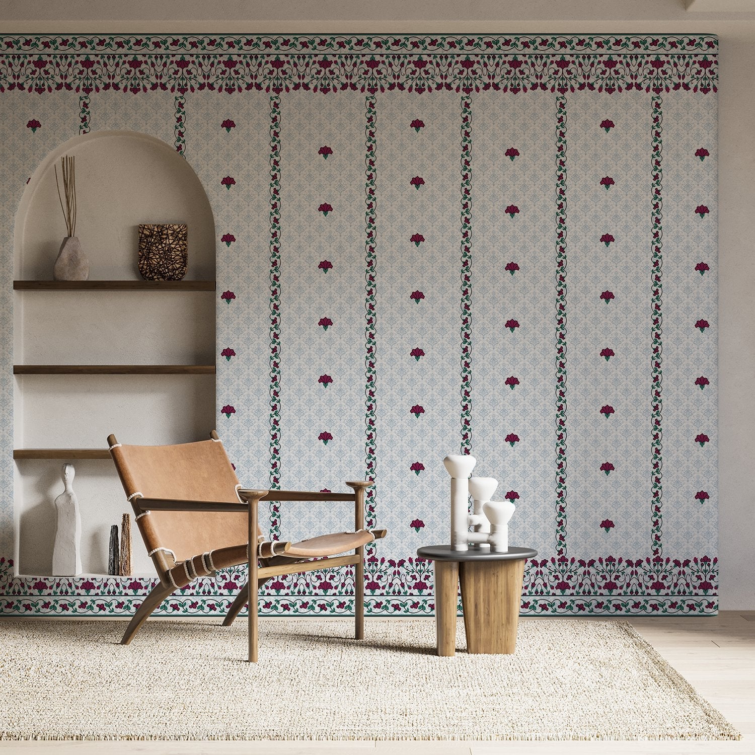 Classic red floral border design with delicate mushroom motifs on white striped background - view 15 - final