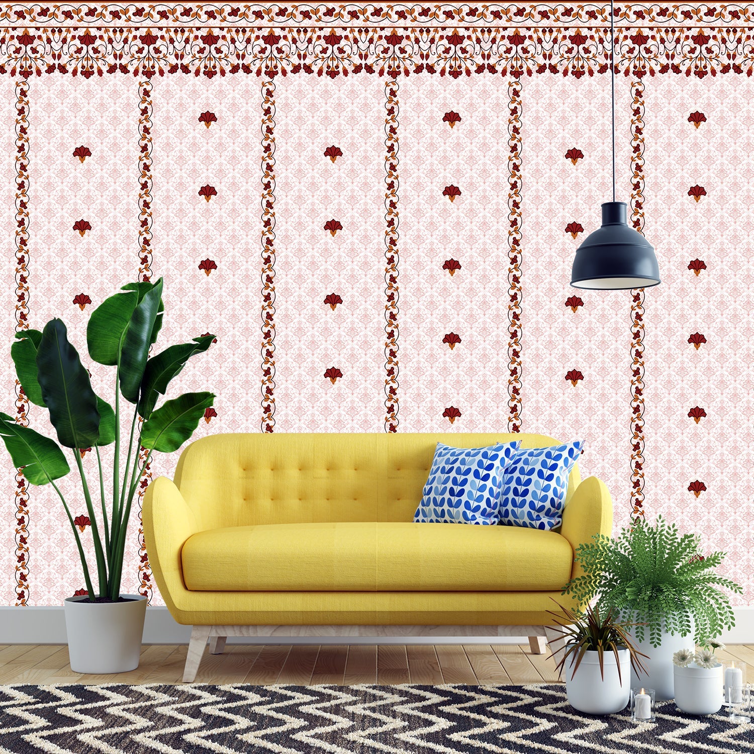 Classic red floral border design with delicate mushroom motifs on white striped background - view 18 - final