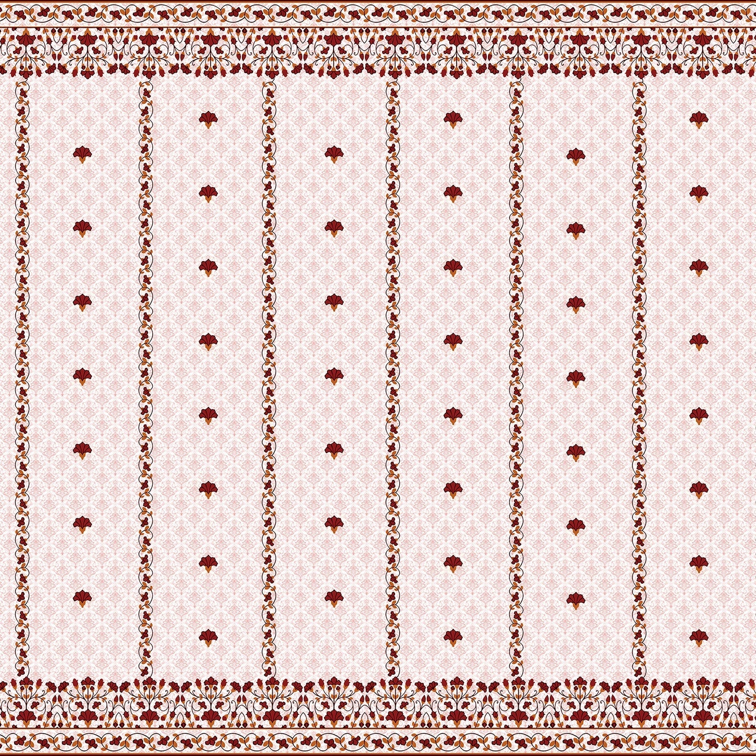 Classic red floral border design with delicate mushroom motifs on white striped background - view 19 - final