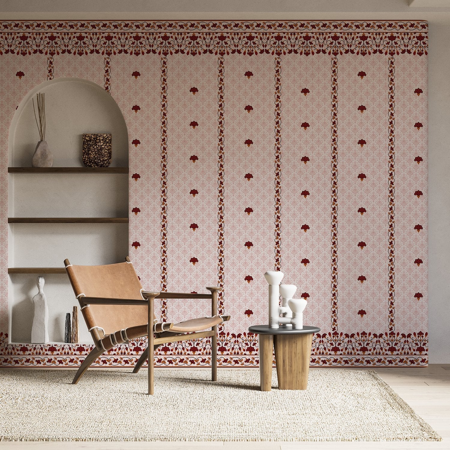 Classic red floral border design with delicate mushroom motifs on white striped background - view 20 - final