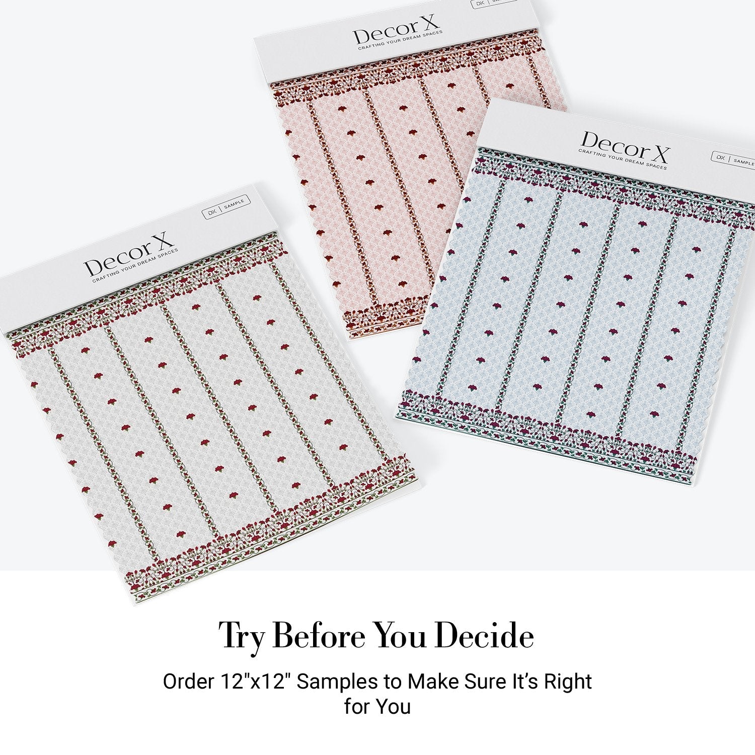 Classic red floral border design with delicate mushroom motifs on white striped background - view 23 - final all-groups samples