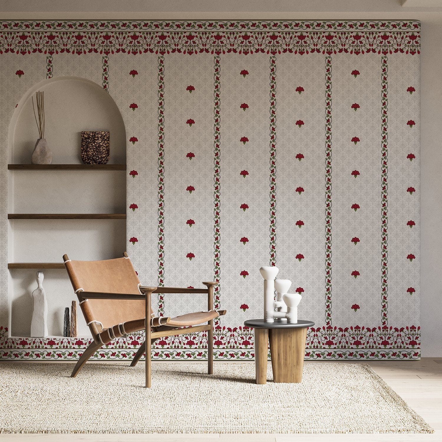 Classic red floral border design with delicate mushroom motifs on white striped background - view 3 - final hobby-room