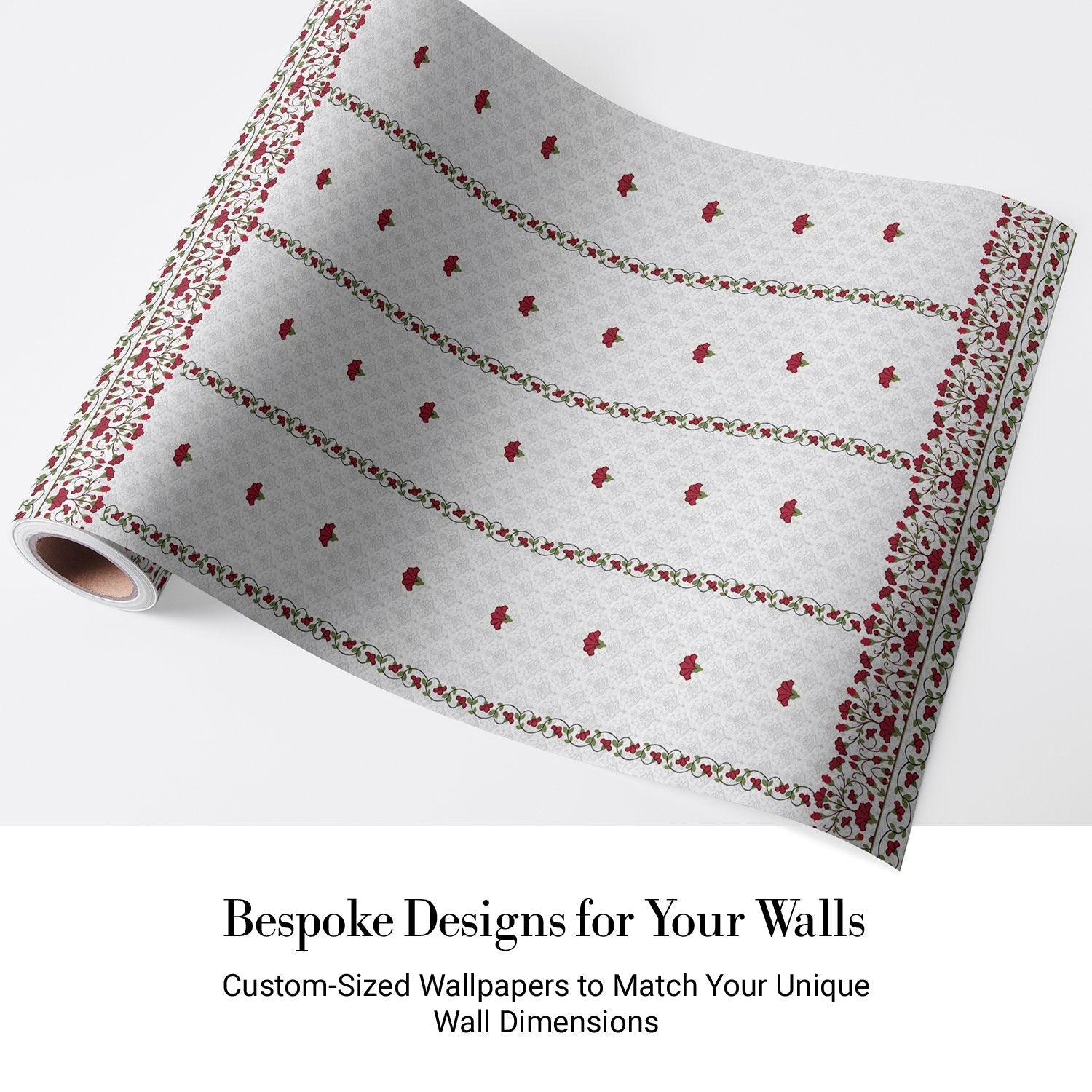 Classic red floral border design with delicate mushroom motifs on white striped background - view 5 - final
