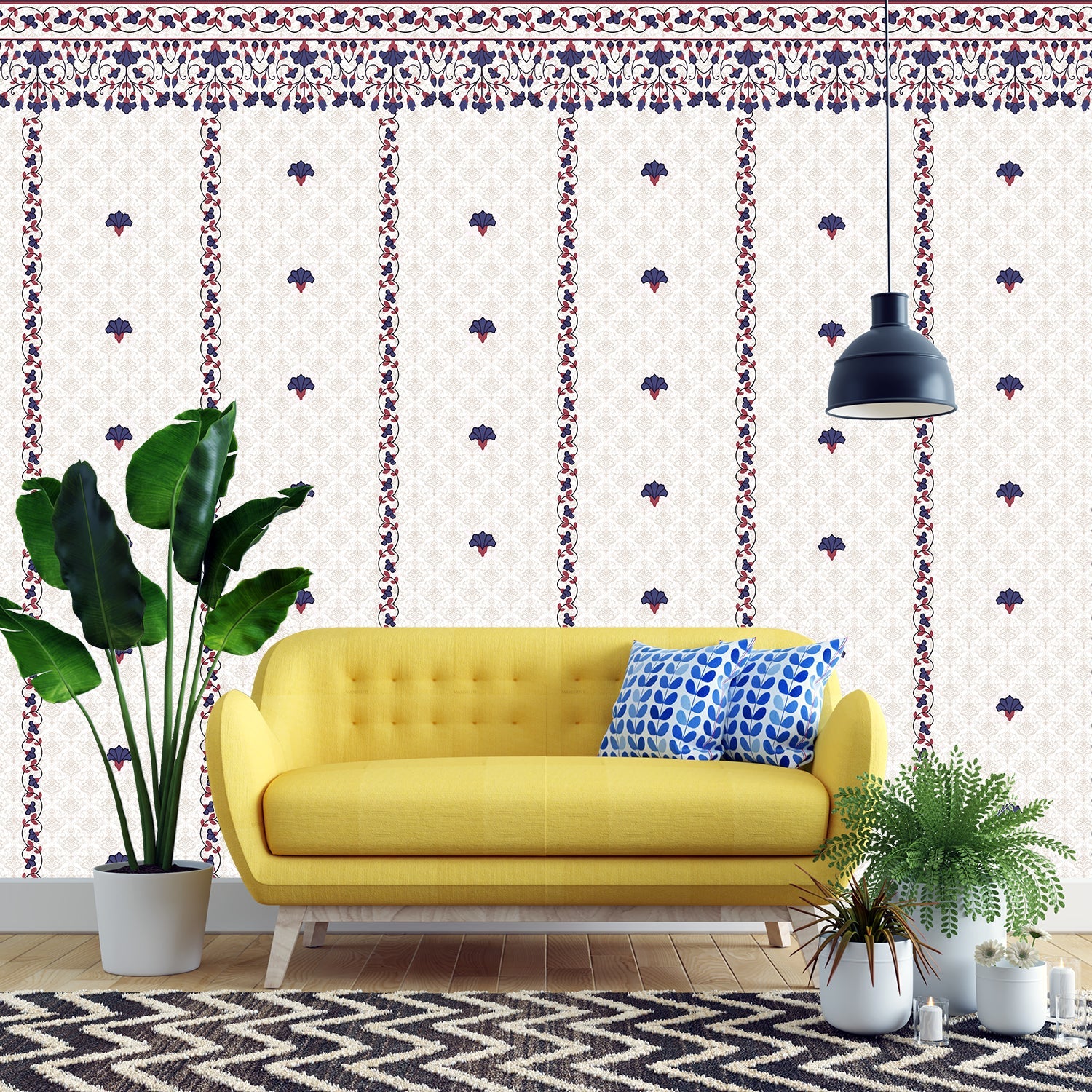 Classic red floral border design with delicate mushroom motifs on white striped background - view 8 - final