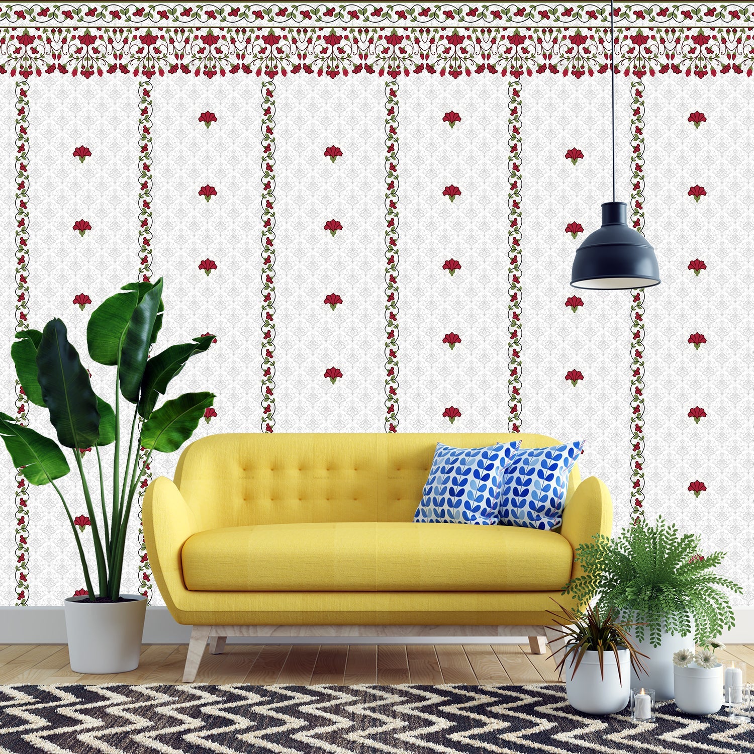 Classic red floral border design with delicate mushroom motifs on white striped background - final foyer