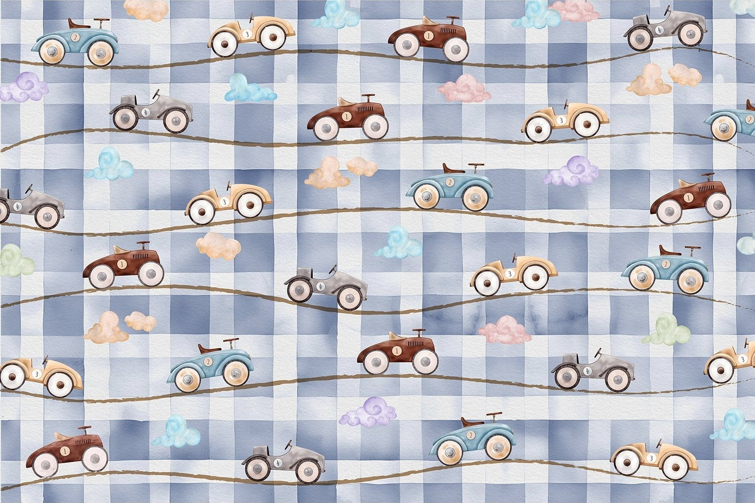 "Retro roadsters vintage cars lea - kids wallpaper mural-inequal final"